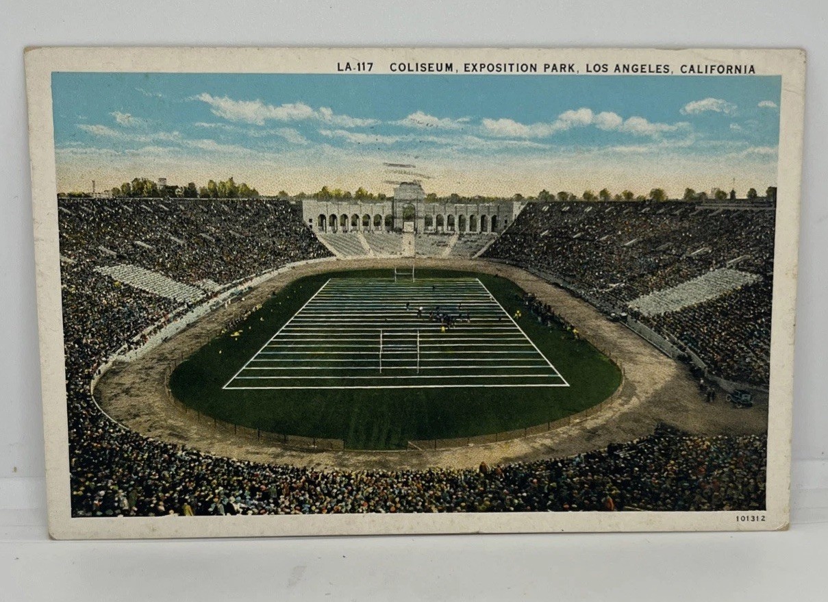 1930s Los Angeles Colosseum White Border Football Postcard LA-117 Posted LA Cali
