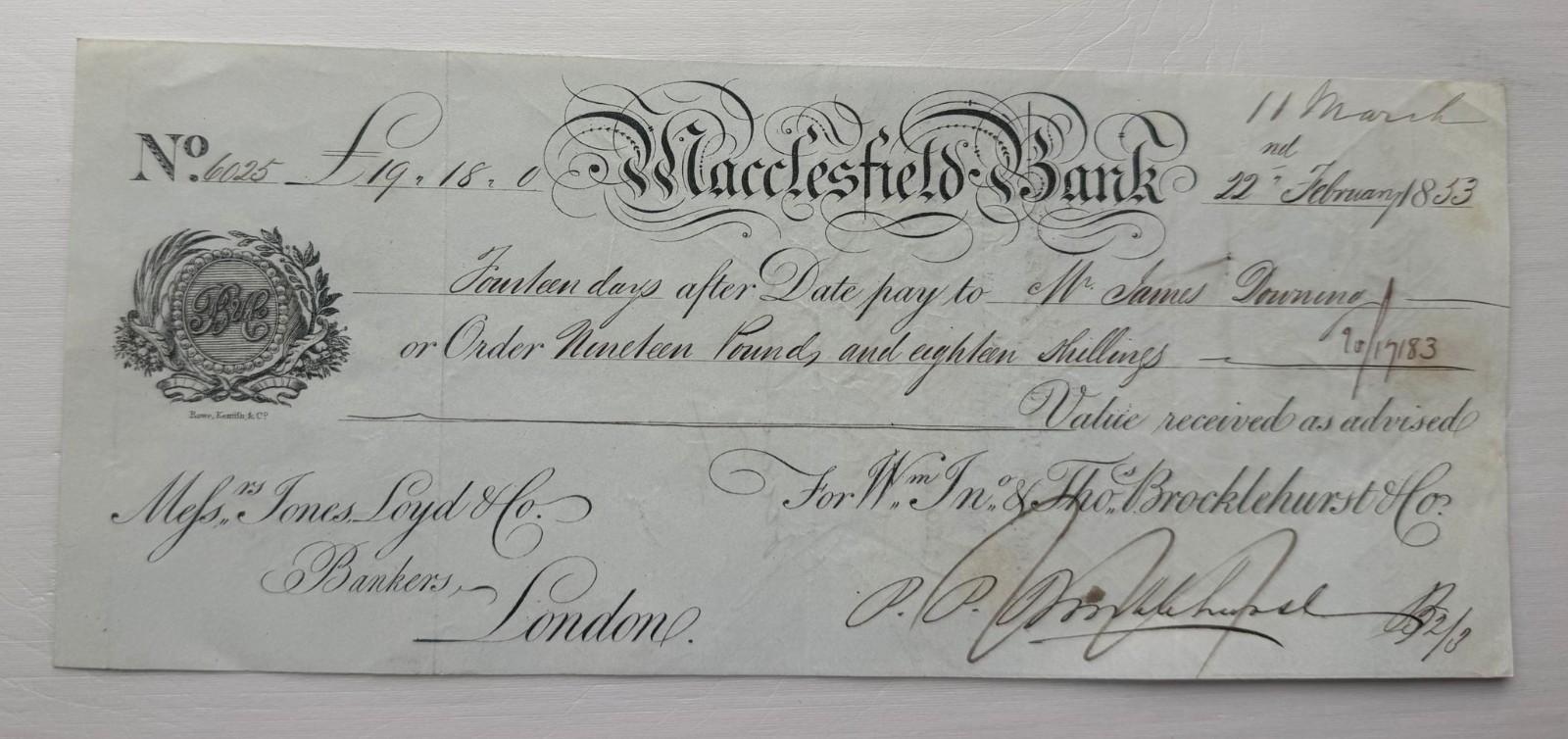 Great Britain \'William, John & Thomas Brocklehurst & Co\' 1853 Macclesfield Bank