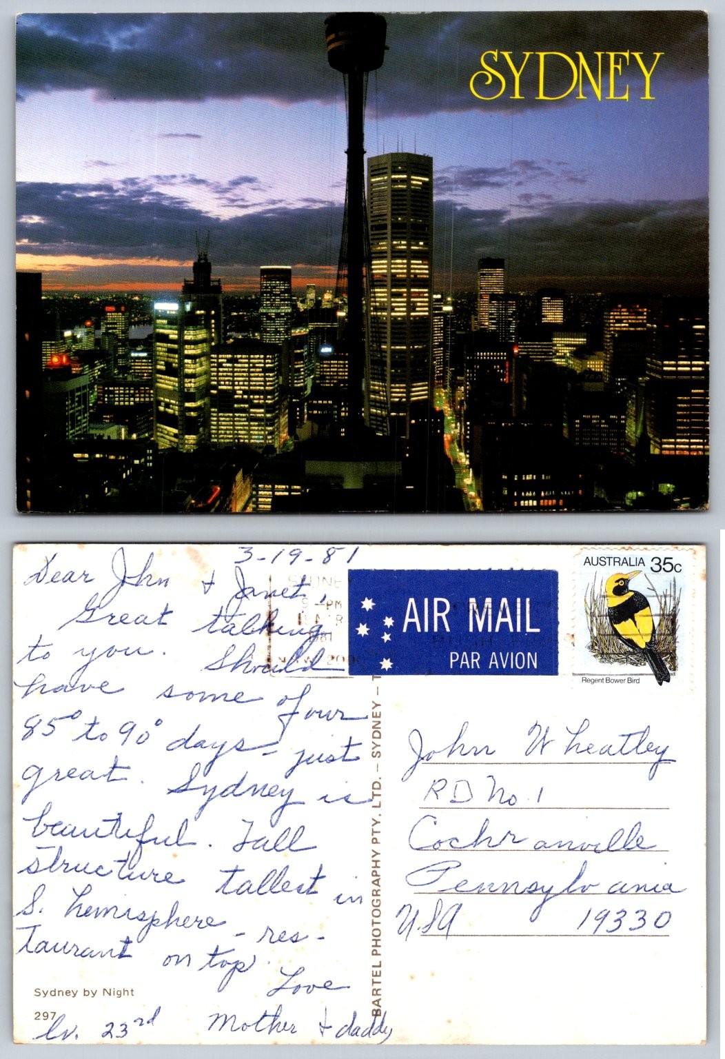 Vintage 1981 Sydney Australia Centrepoint Tower City Night View Postcard