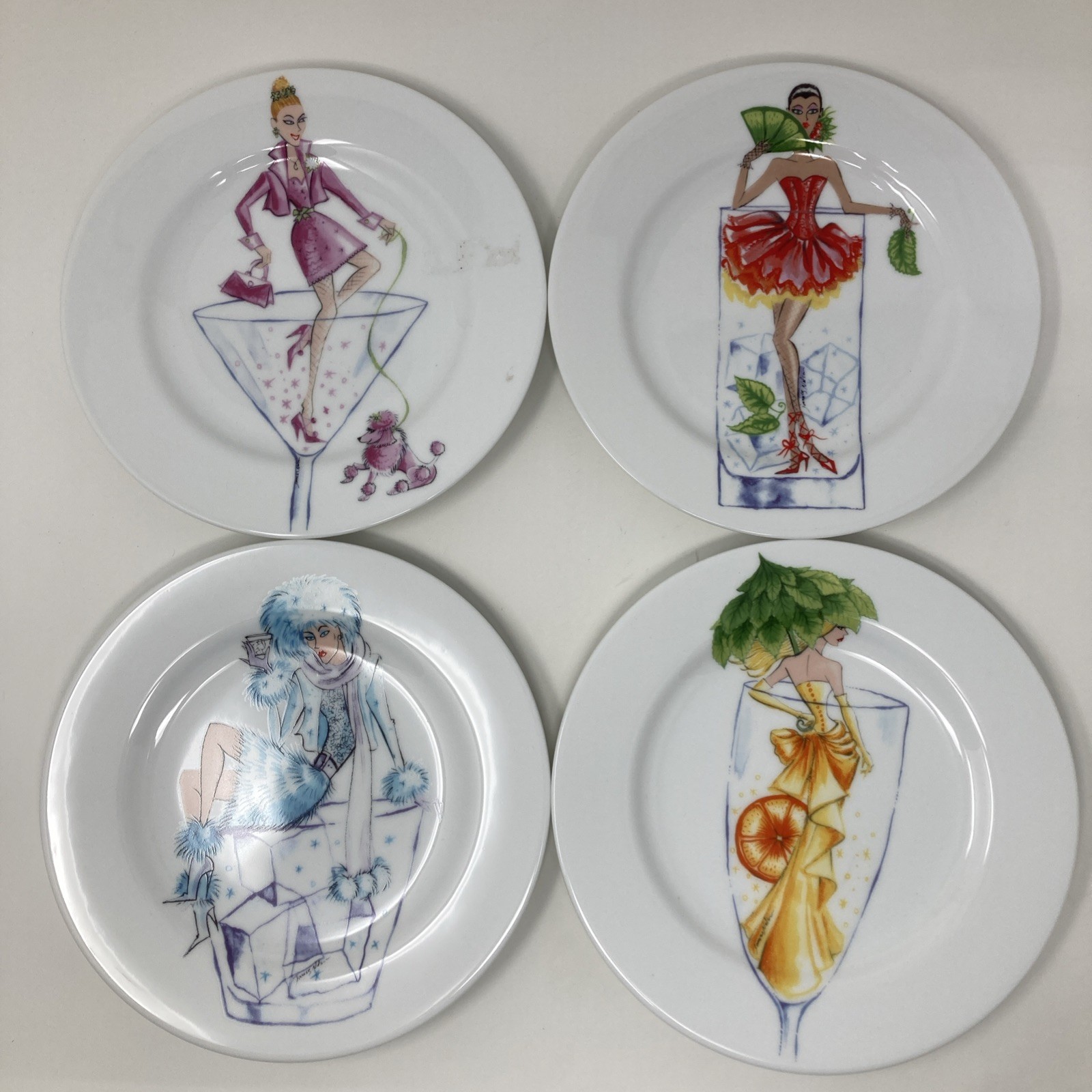 Vintage Neiman Marcus Fashion Cocktail Lady Plates w/ Drink Recipes