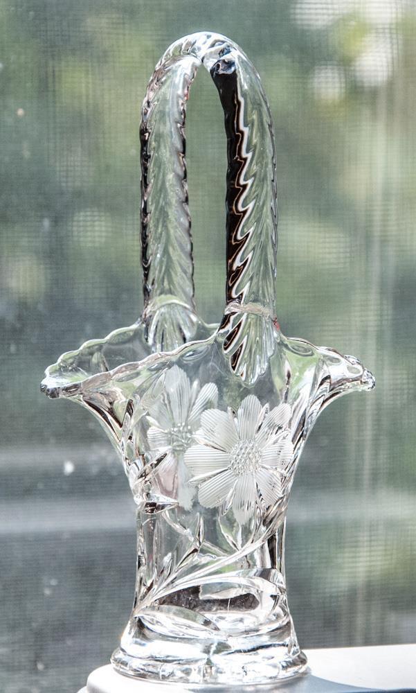 Crystal Clear Pressed Glass Cut Flower Basket w Handle 7.5\