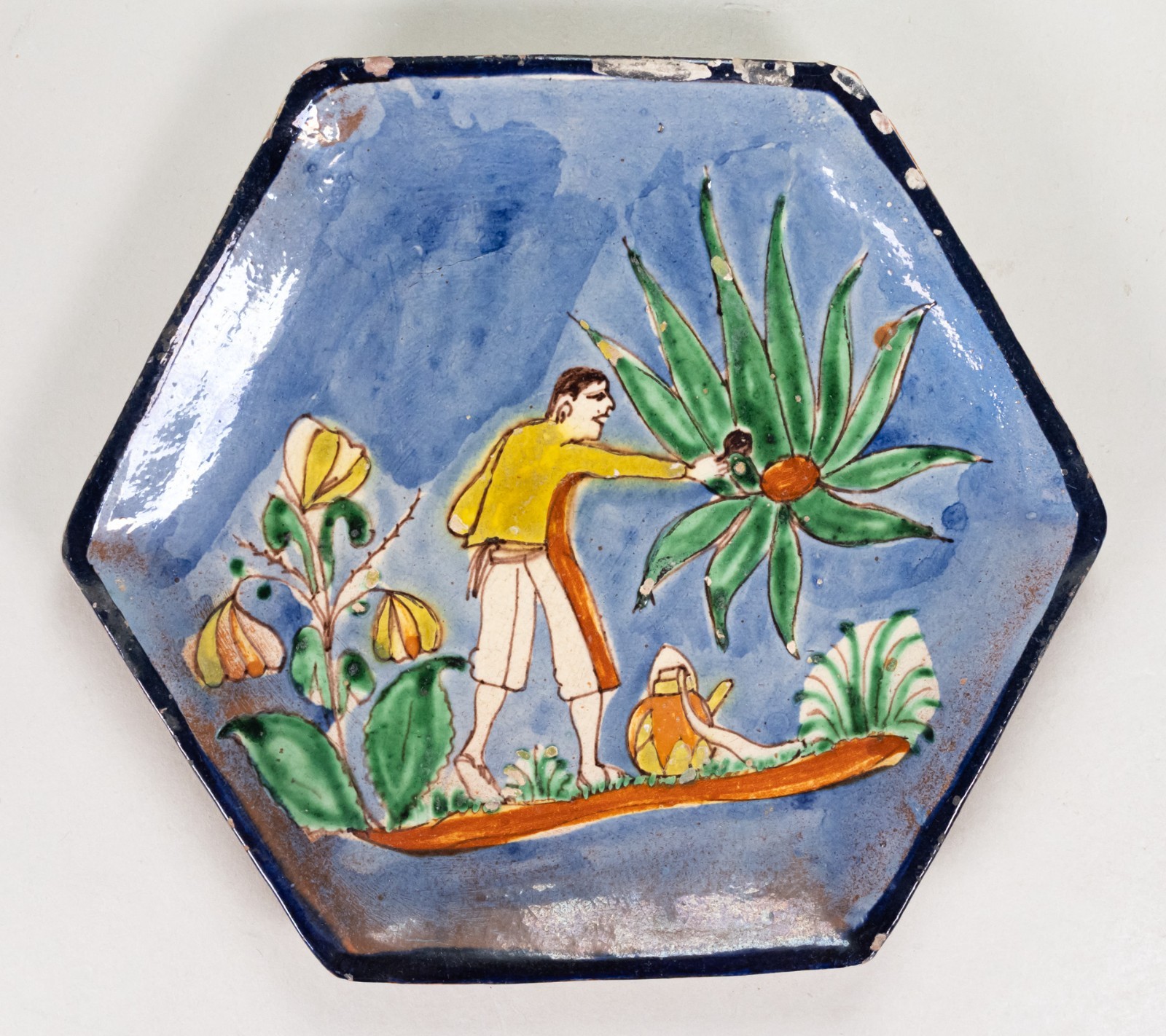 c.1920/30's Tlaquepaque Mexican Pulque Washy Blue Hexagon Pottery Plate