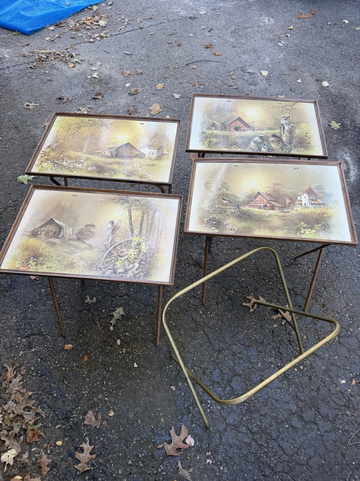 Vintage MCM 1960s 4 TV Folding Tray Tables Barn Theme Farm Stand Set