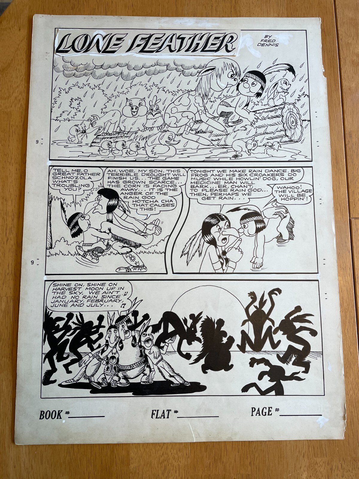 LONE FEATHER original art 1940s FICTION HOUSE title page RAIN DANCE MEDICINE MAN