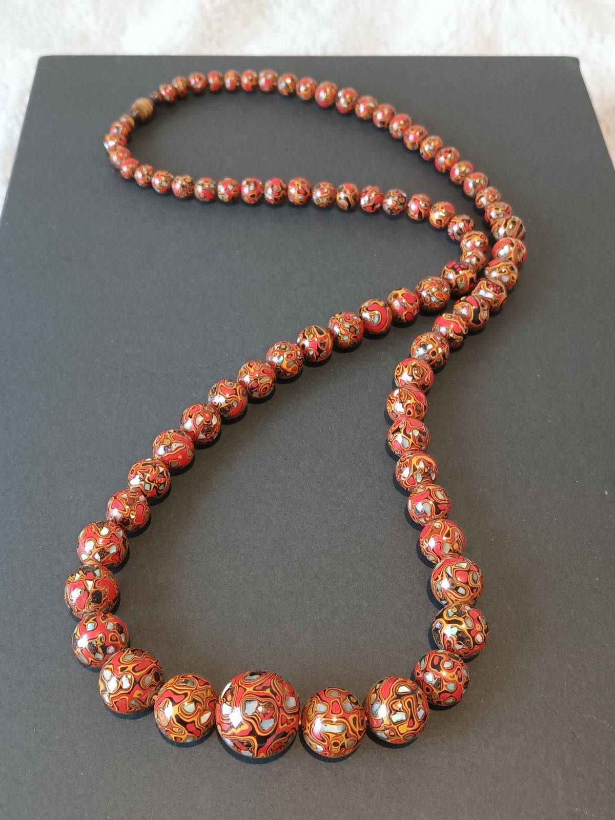 Vintage Japanese Urushi Lacquer Abalone Ojime Beads Necklace Meiji Era