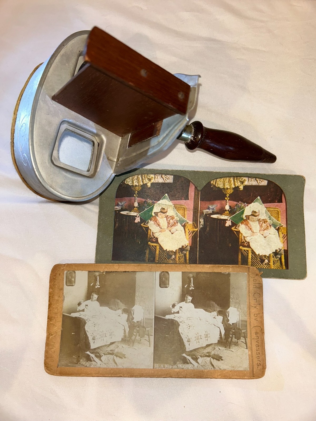 Antique Underwood & Underwood Sun Sculpture Stereoscope 1901 + 2 Cards Incomplet
