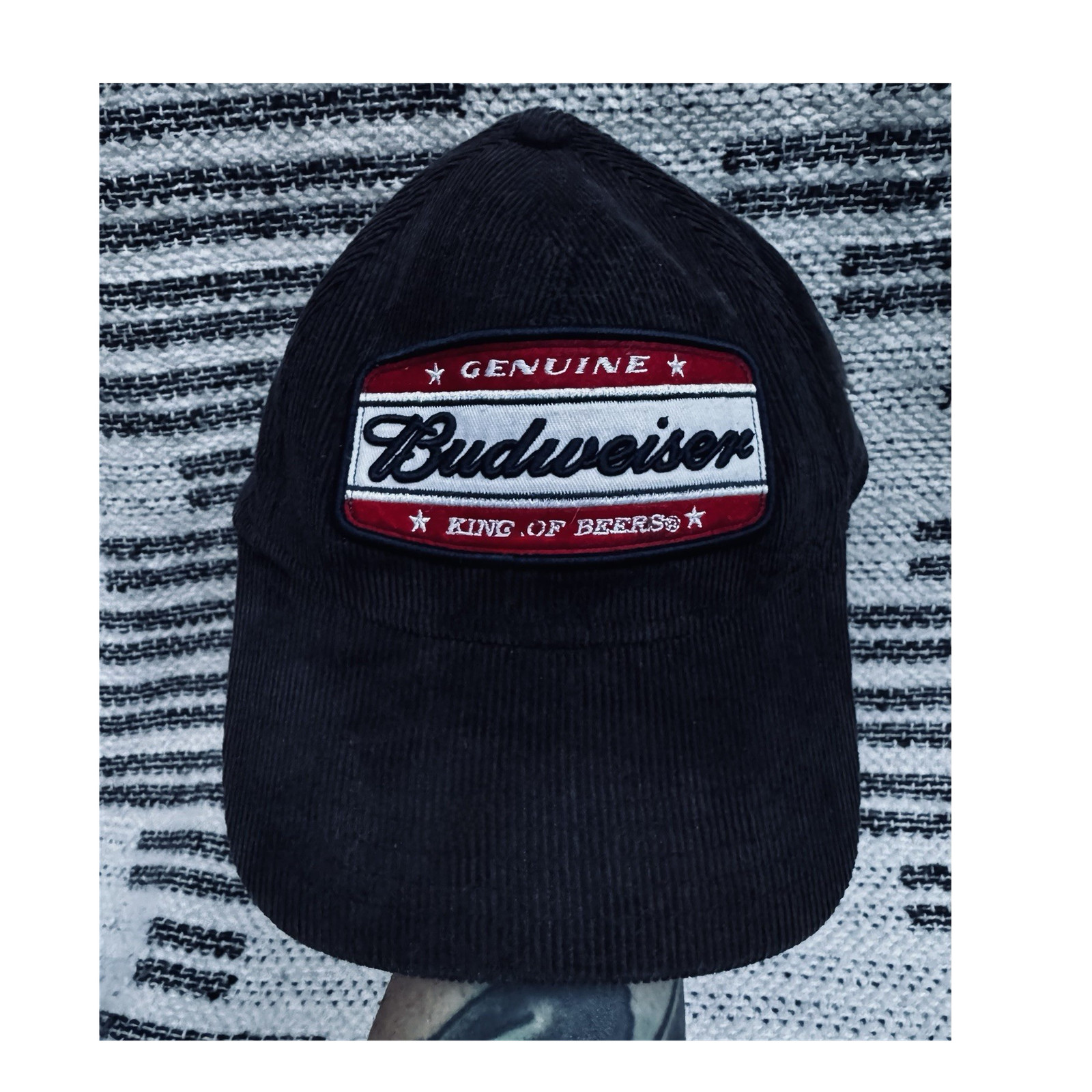 Budweiser Genuine King of Beers Black Corduroy Baseball Cap Hat Breweriana
