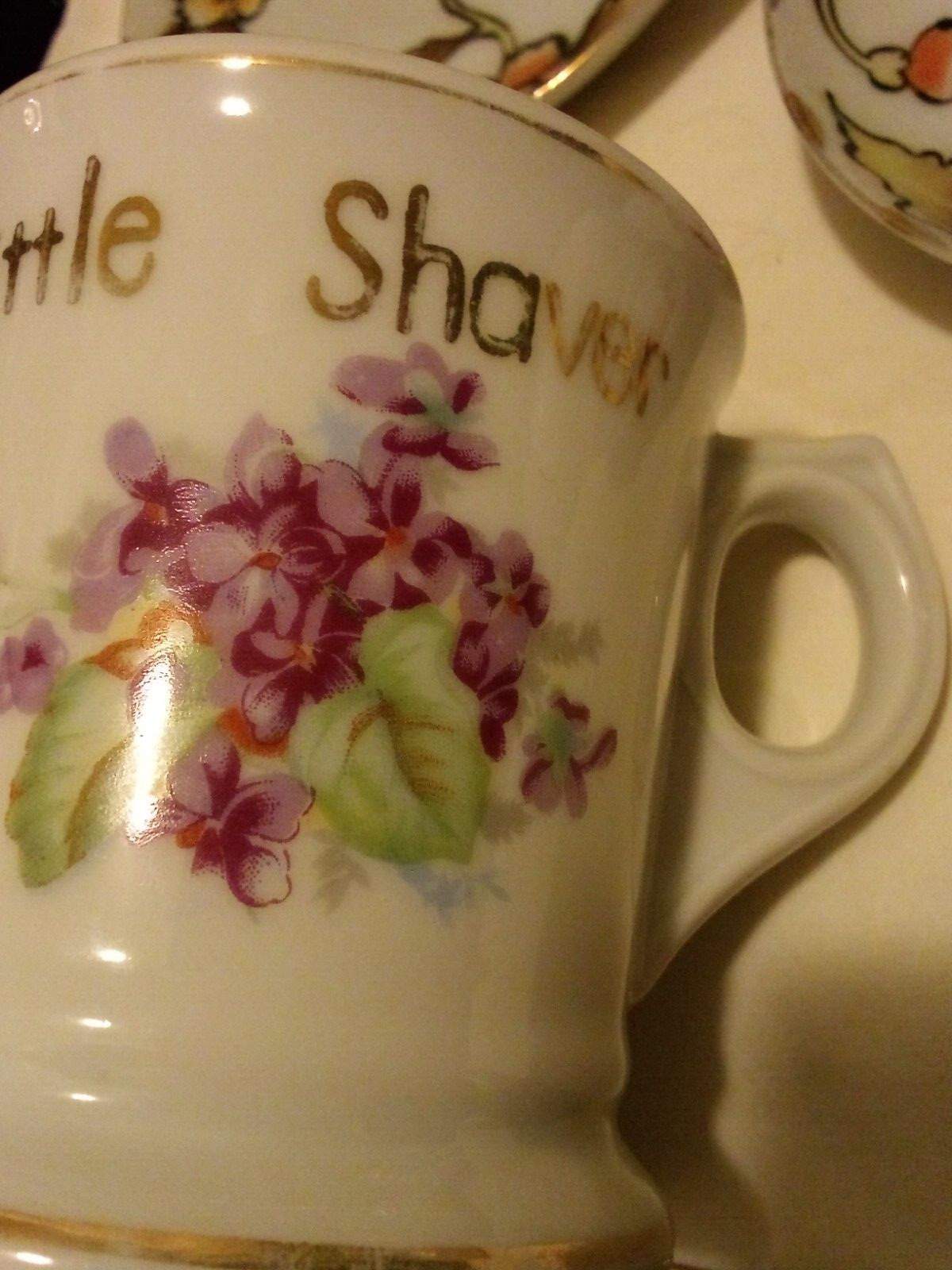Antique porcelain redmark Japan violets gold teen shaving mug gift vanity bath
