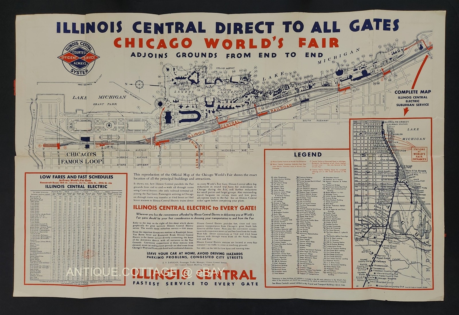 1933 antique ILLINOIS CENTRAL chicago il WORLD’S FAIR MAP railroad BROCHURE