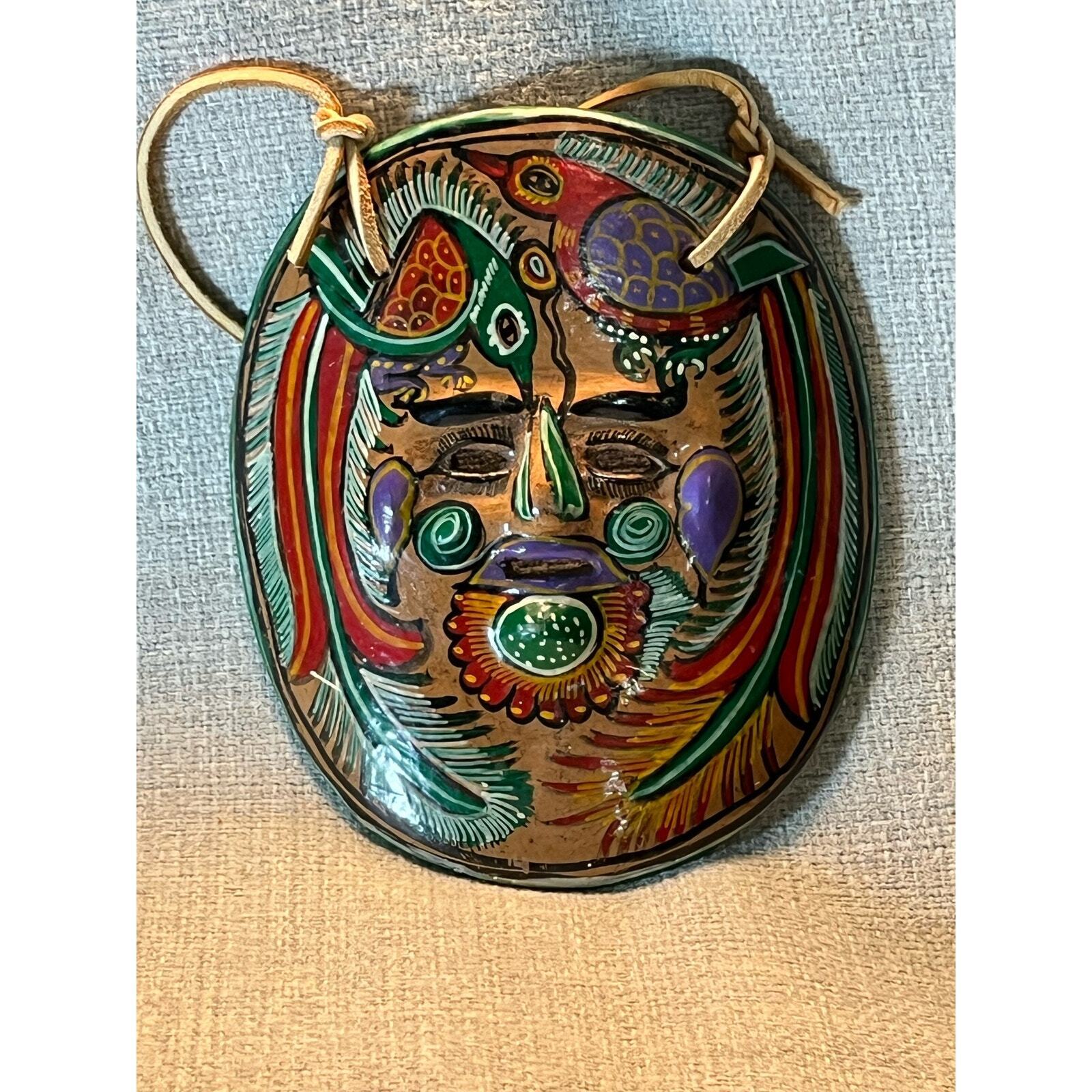 VINTAGE MEXICO MEXICAN TERRA COTTA FOLK ART MASK WALL HANGING  HAND PAINTED