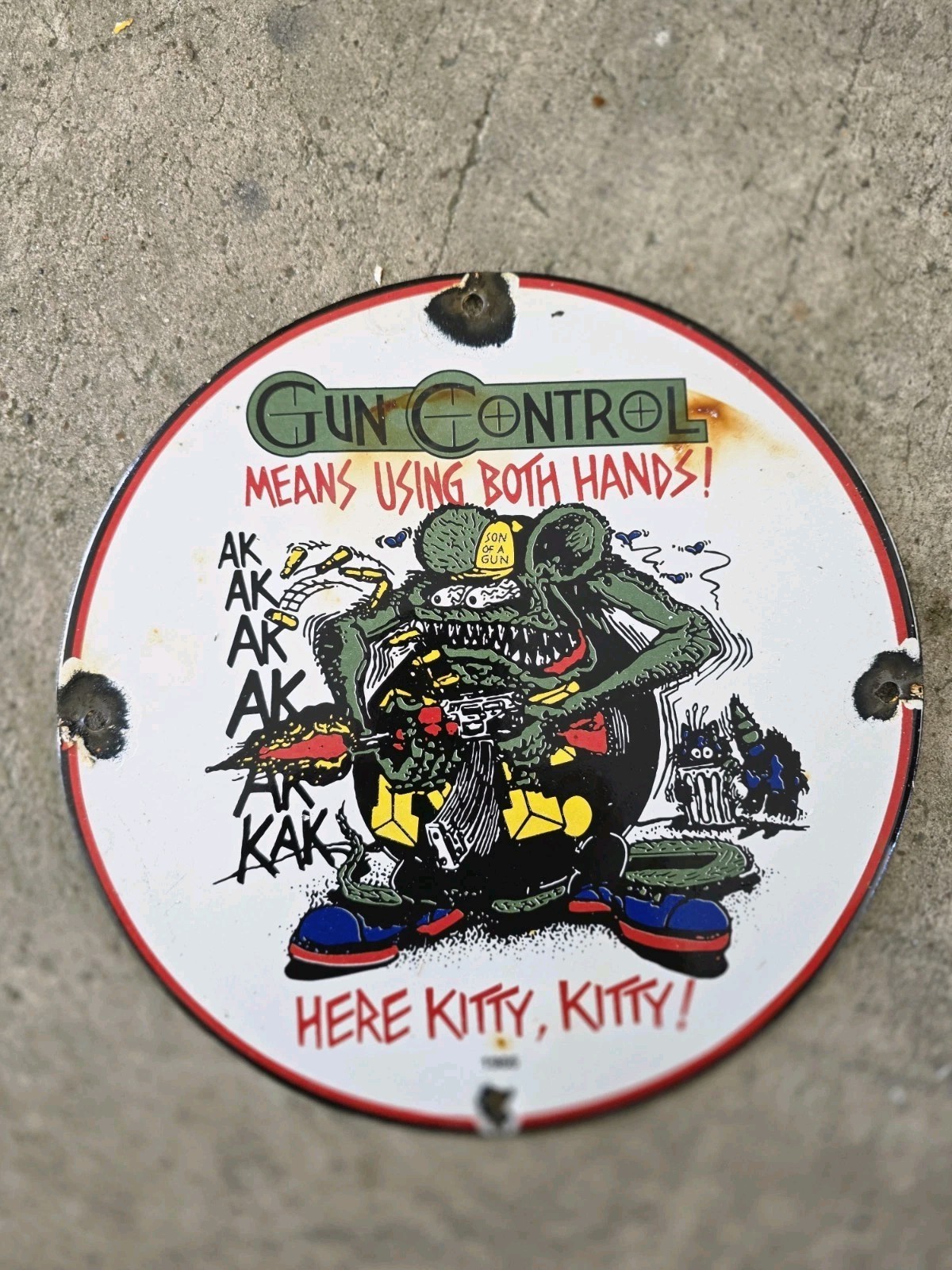 VINTAGE RAT FINK GUN CONTROL PORCELAIN SIGN HOT ROD GAS ENGINE RACE CAR  10