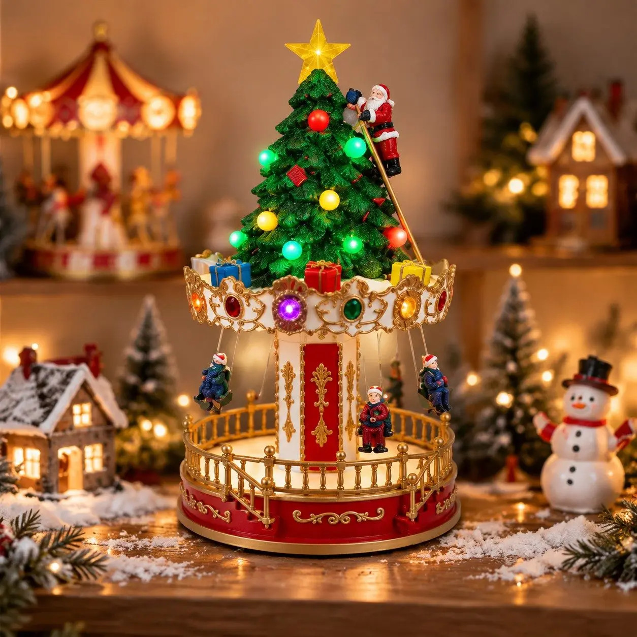 Lighted Musical Christmas Carousel Tree Rotating Santa LED Village Decor
