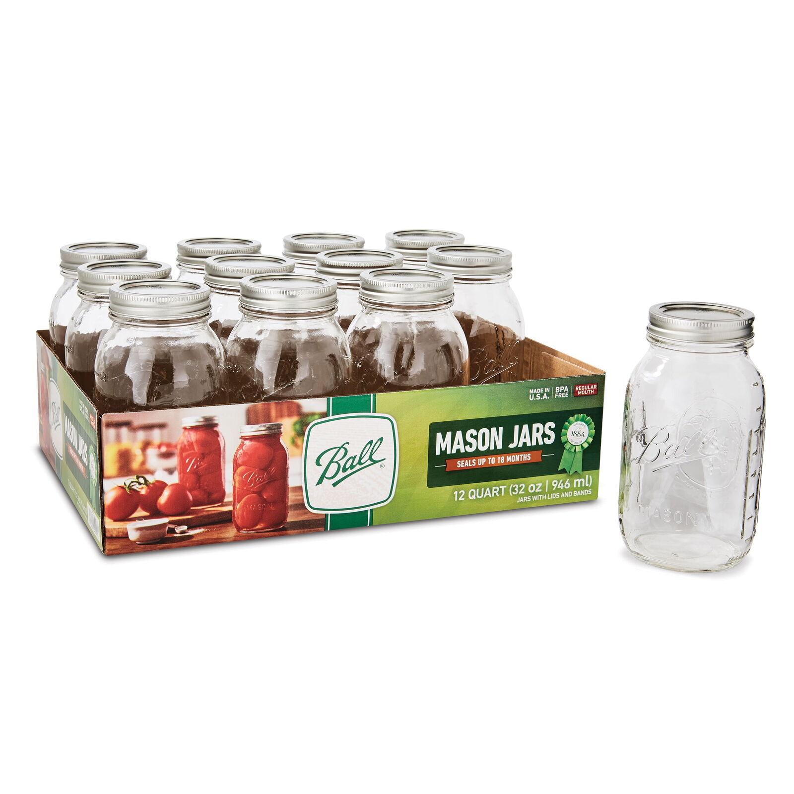Ball 12-Count Regular Mouth Quart 32-Oz. Glass Mason Jar with Lids and Bands