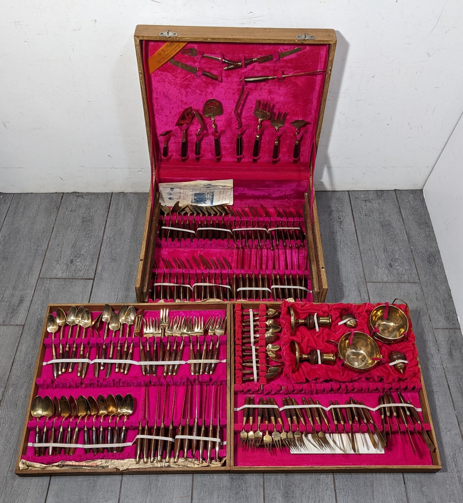 Vintage Thai Siam Bronze Flatware Wood Case Mid Century Modern T. Man Jewelry 