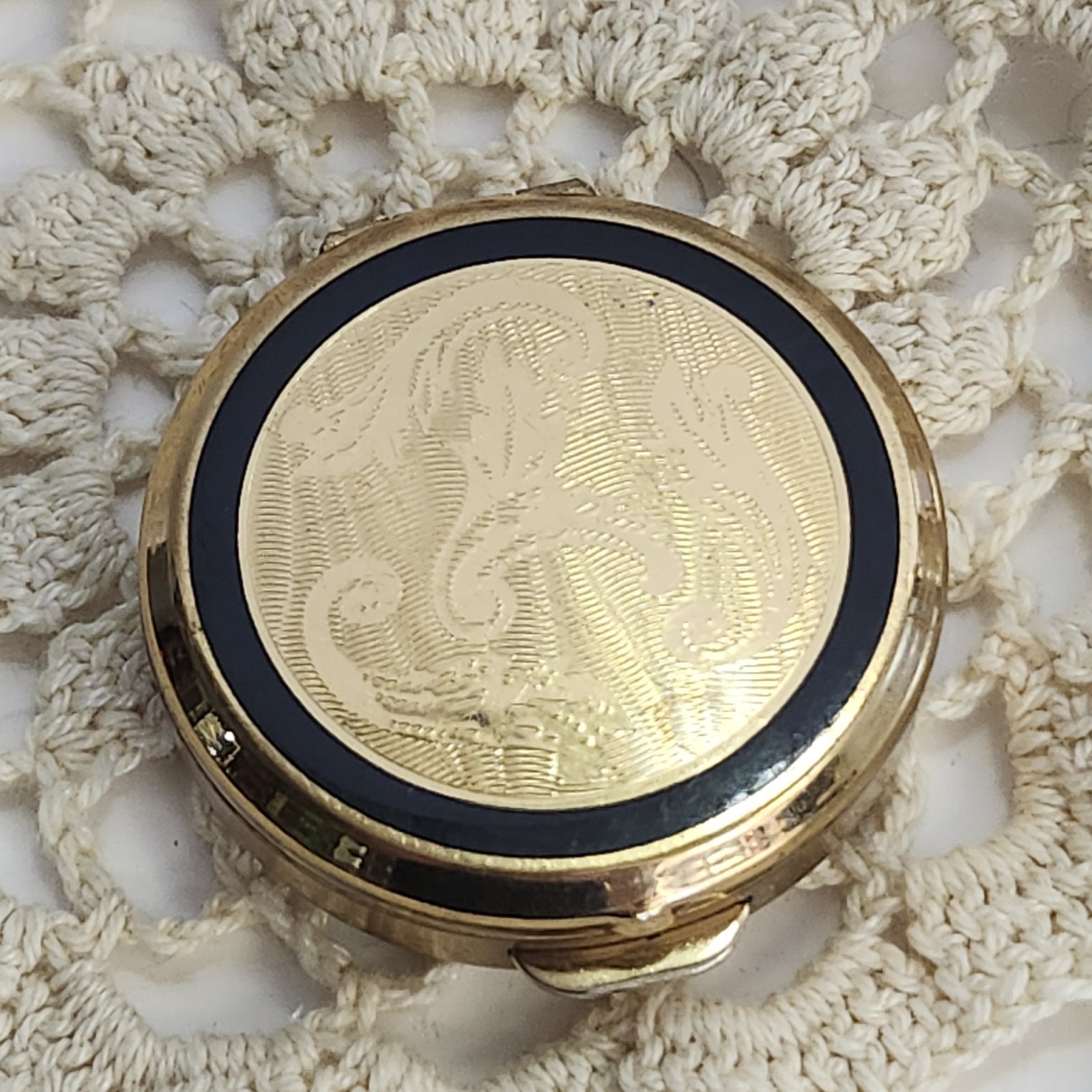 Vintage Stratton England Pill Box Floral  Gold Tone with Black Enamel Rim