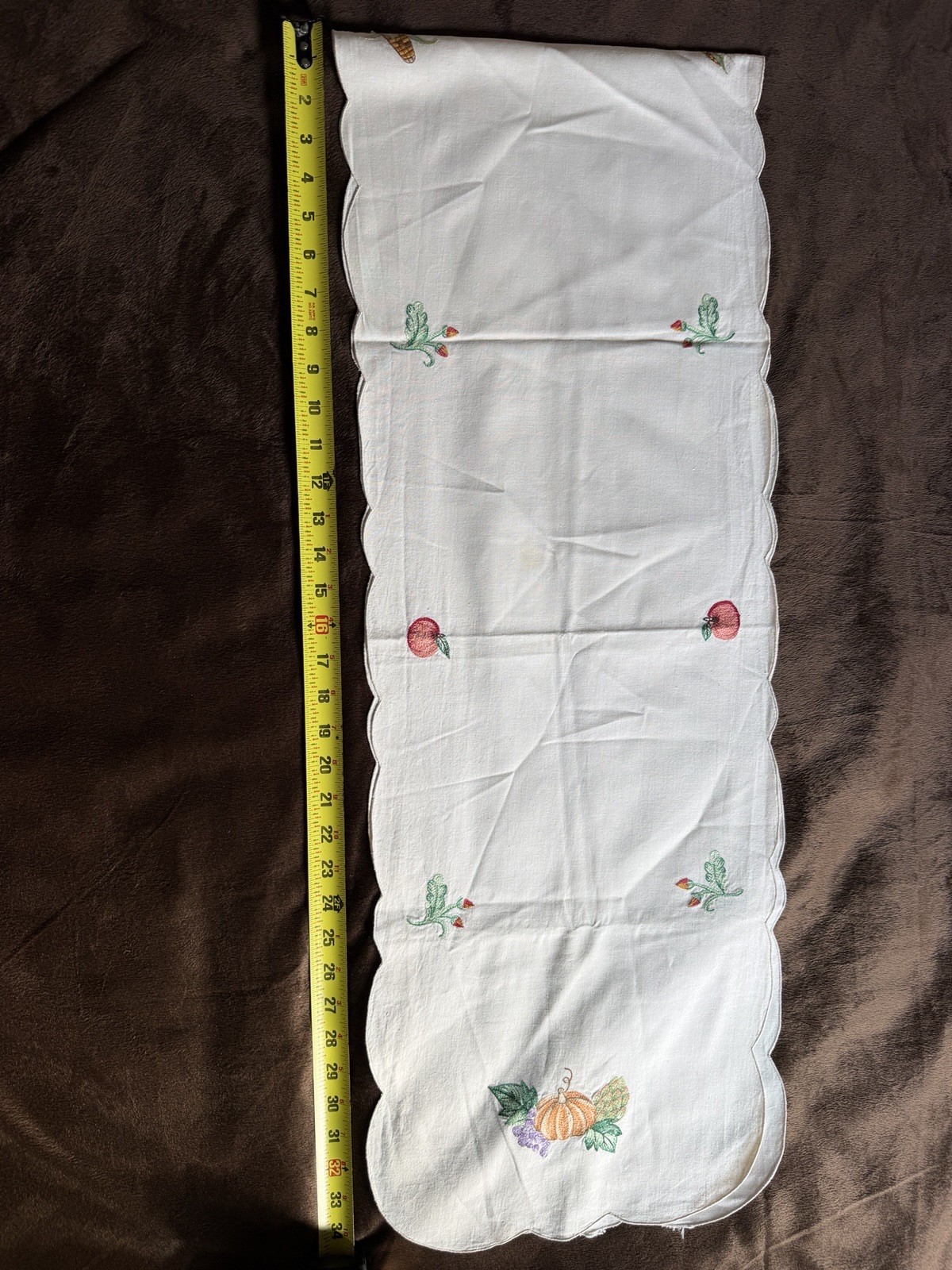 Vintage 1970s Handmade Embroidered Fall Harvest Table Runner – 68” Long