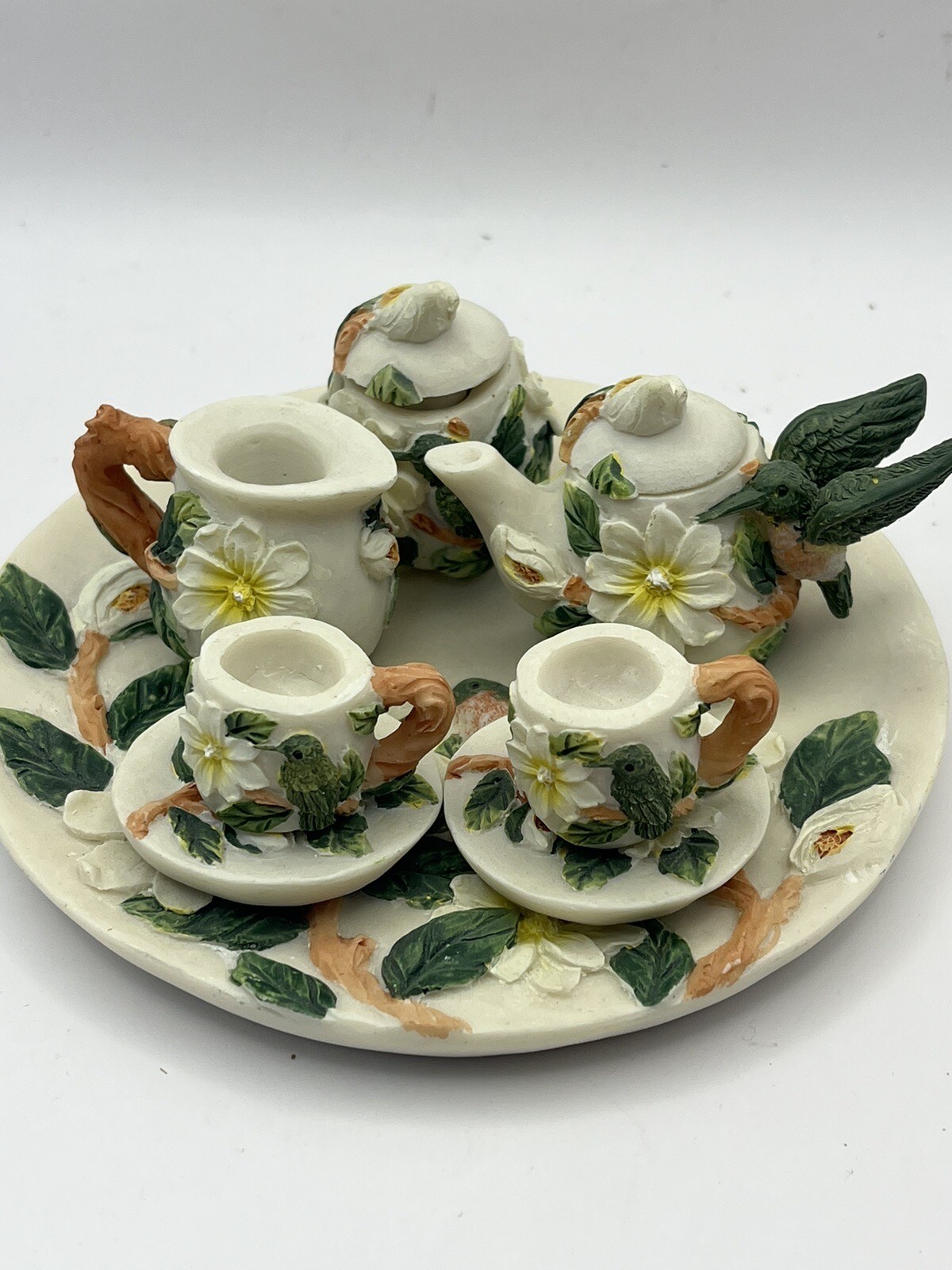 Vintage Young's Miniature Tea Set Hummingbirds Floral Resin 1996 Decorative