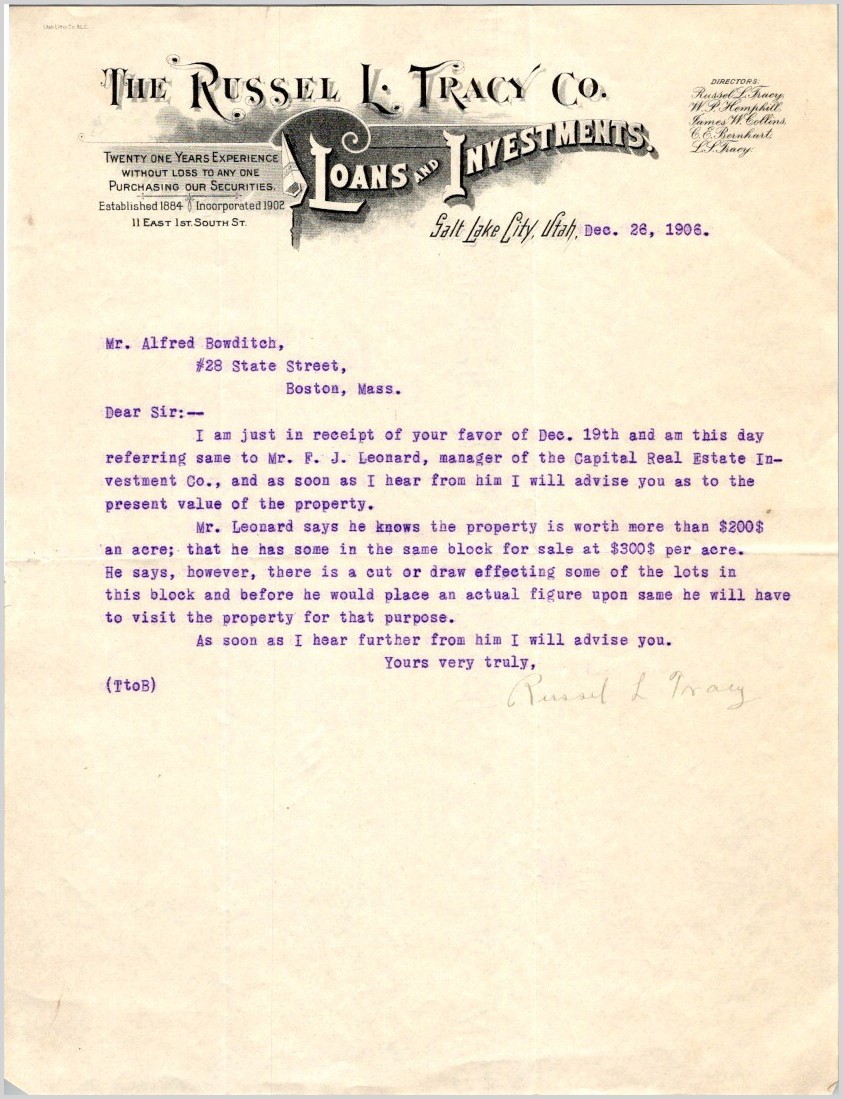 Russell L Tracy Co Salt Lake City 1906 Land Valuation Letter Loans & Investments