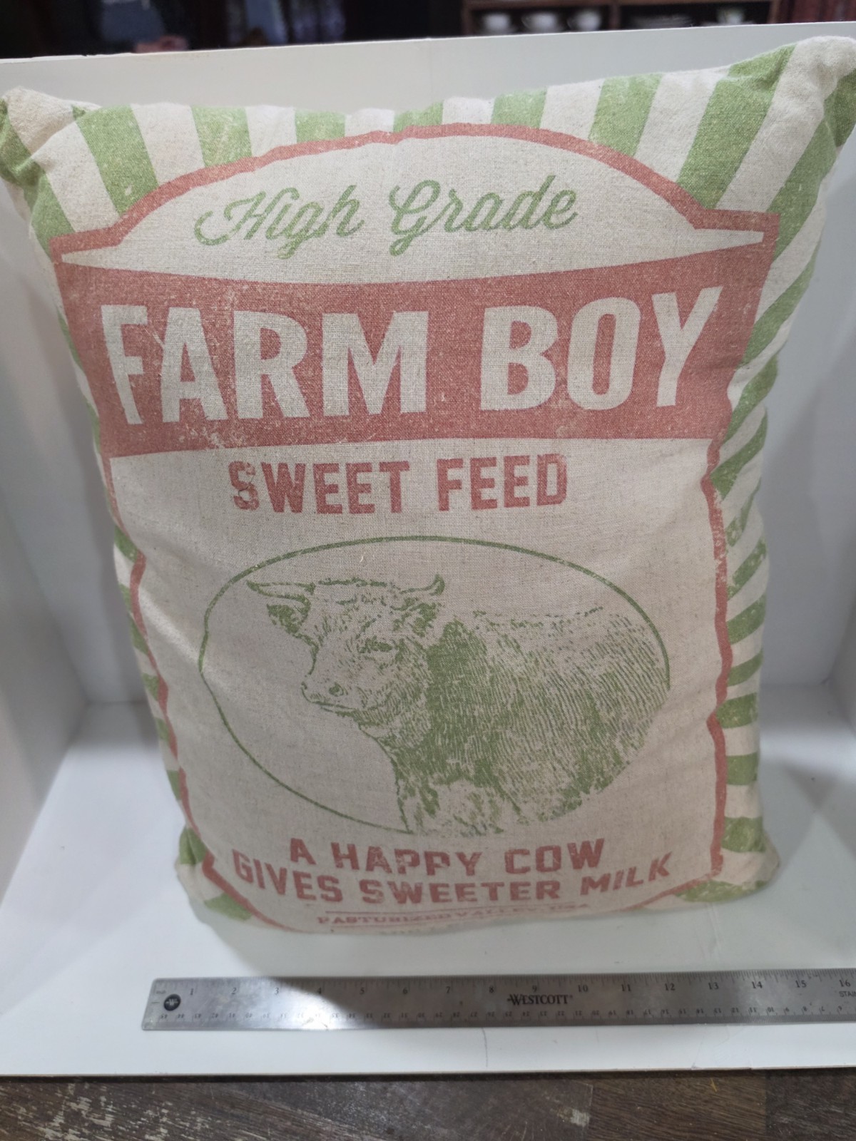 Vintage Farm Boy Sweet Feed Sack Pillow Cow Dairy Farmhouse Decor 16x16