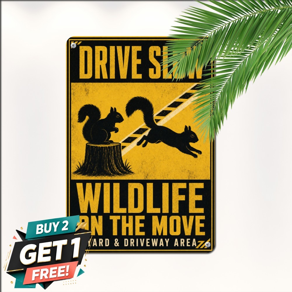 Squirrels Crossing Street Sign Slow Down Animal Caution Metal Tin Plaque