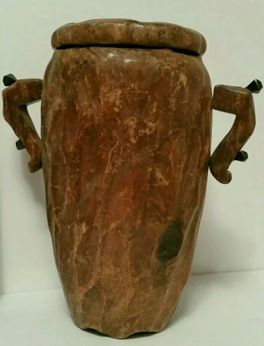 UNCOMMON Arts and Crafts Handmade Wooden Vase With Lid by NOUART of Spain RUSTIC