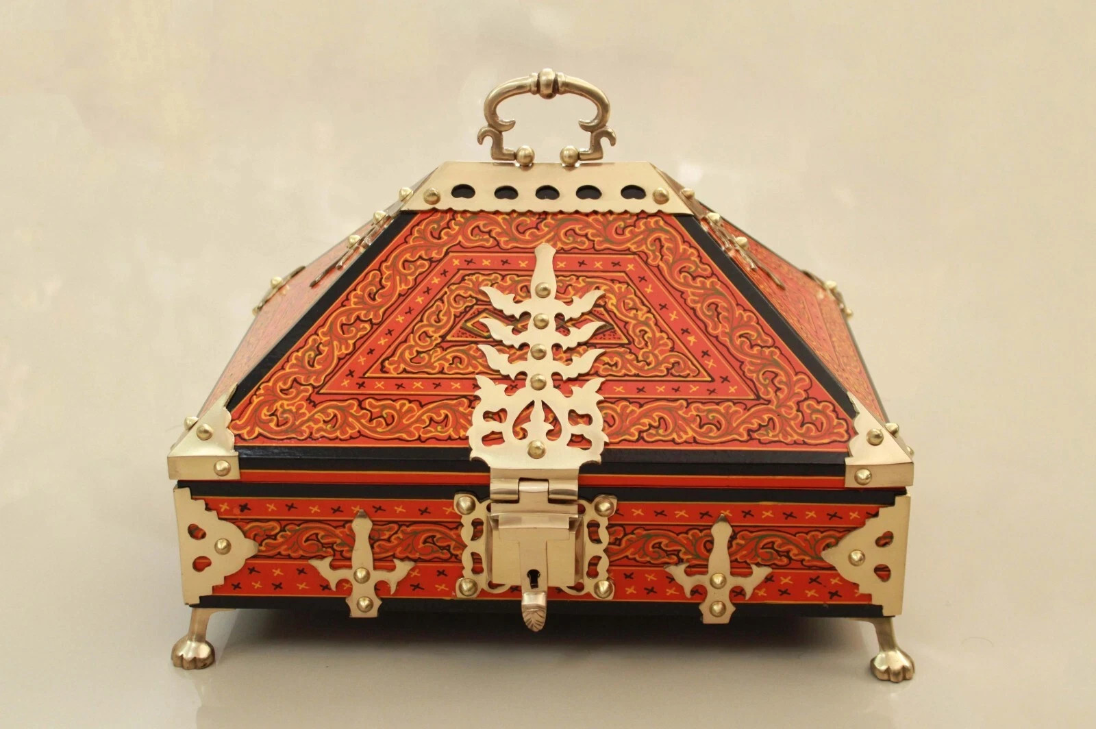 Antique Kerala Treasure Jewelry Box Wooden Mural Painted Brass Trinket Dowry box