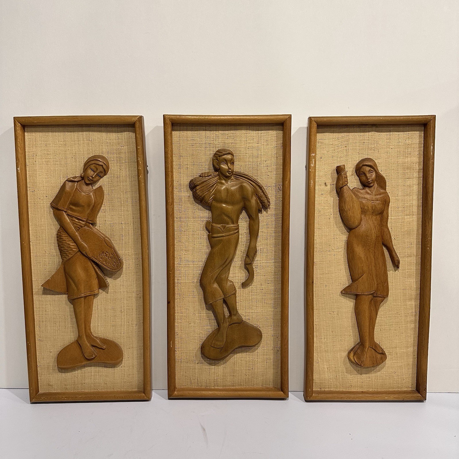 3 - Vtg Witco Style MCM Carved Teak Wood Man Woman Wall Art Tiki Polynesian