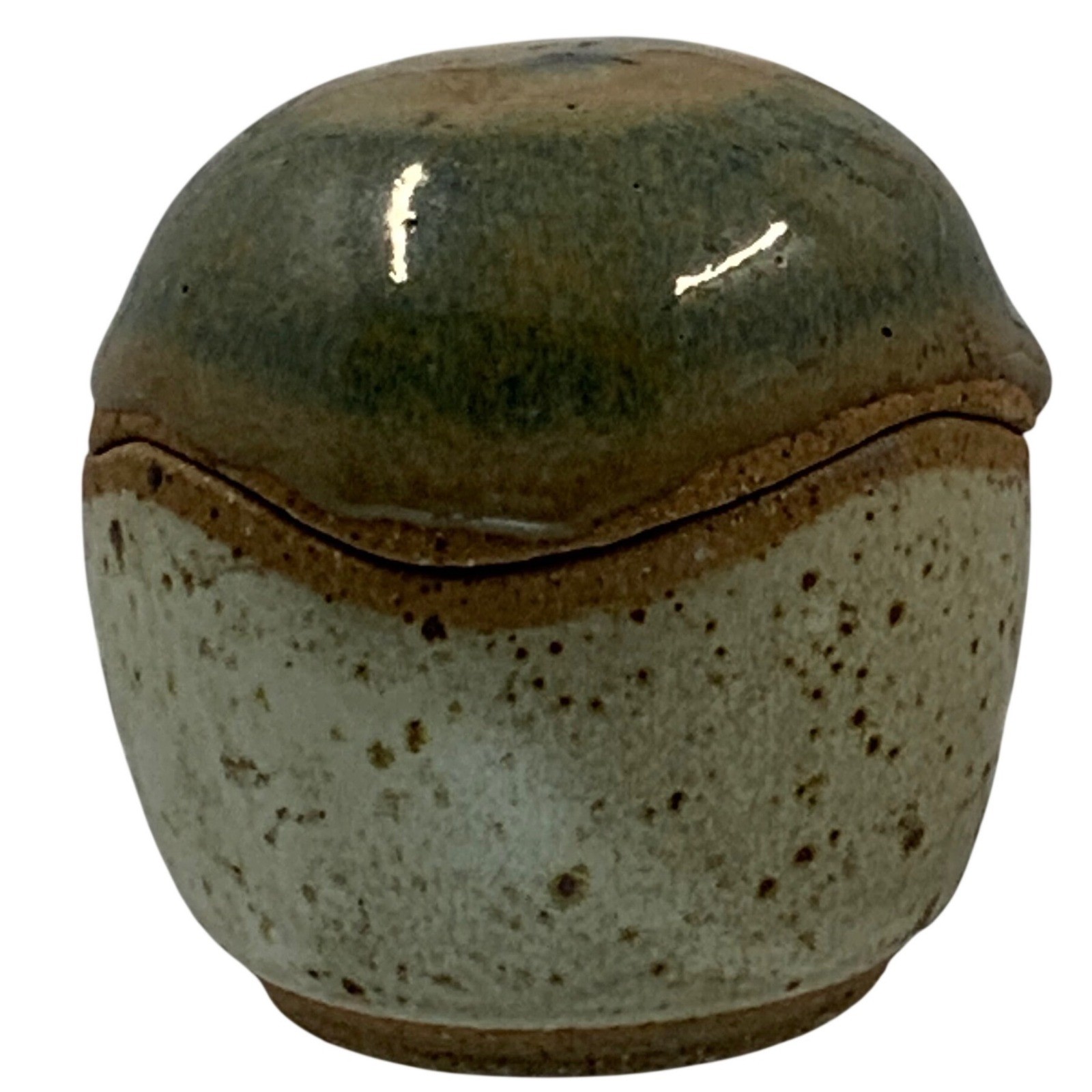 Vintage Studio Pottery Handcrafted Lidded Trinket Jar Stoneware Green Cream 3in