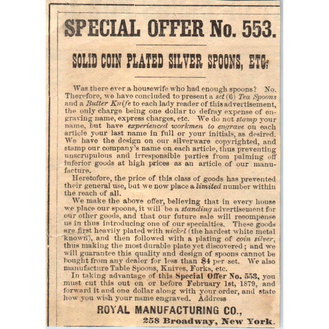 1878 Peterson\'s Magazine Ad Coin Plated Silver Spoons Royal Manufacturing NY SF2