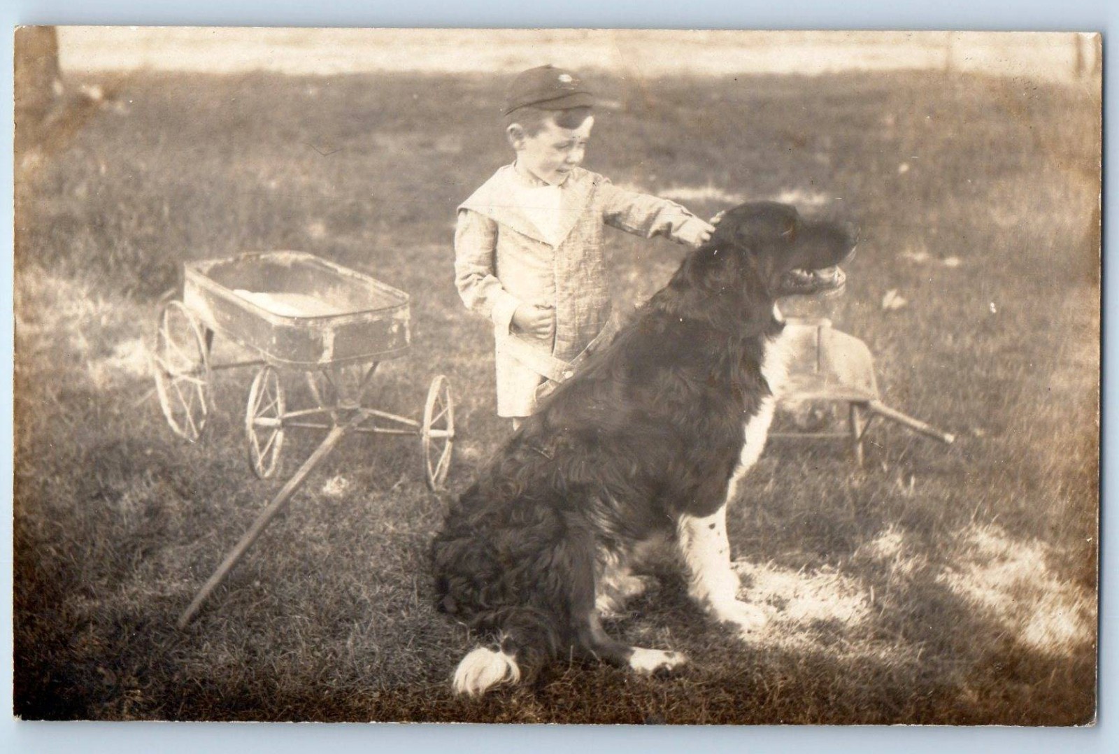 c1910's Little Boy With Dog Wagon RPPC Photo Unposted Antique Postcard c1910's Little Boy With Dog Wagon RPPC Photo Unposted Antique Postcard