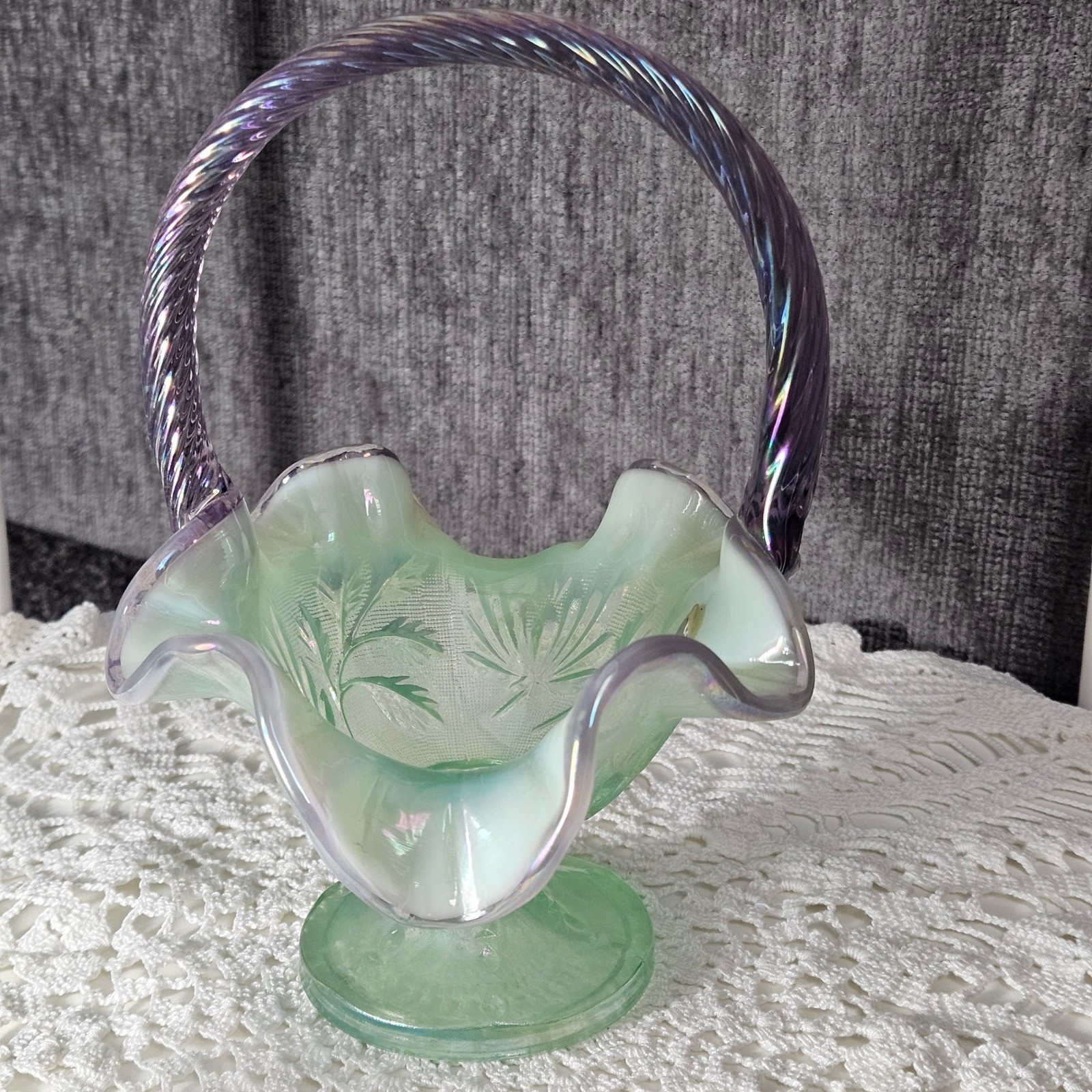 Fenton 95th Anniversary Iridescent Willow Green and Purple Glass Basket 7\