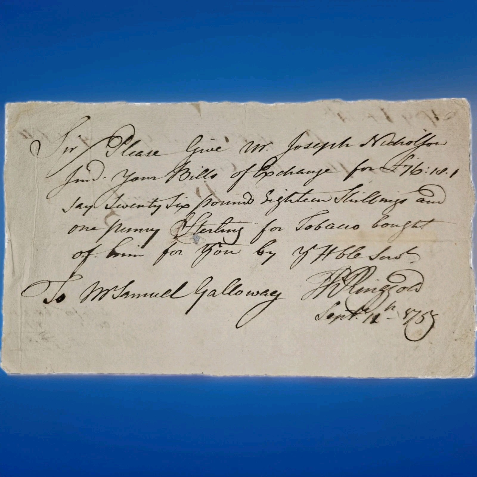 1759 Thomas Ringgold Signed Colonial Tobacco Bill Stamp Act Congress Maryland