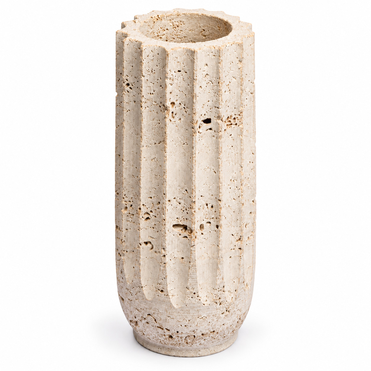 Natural Travertine Marble Fluted Vase Cream Matt Finish 10\