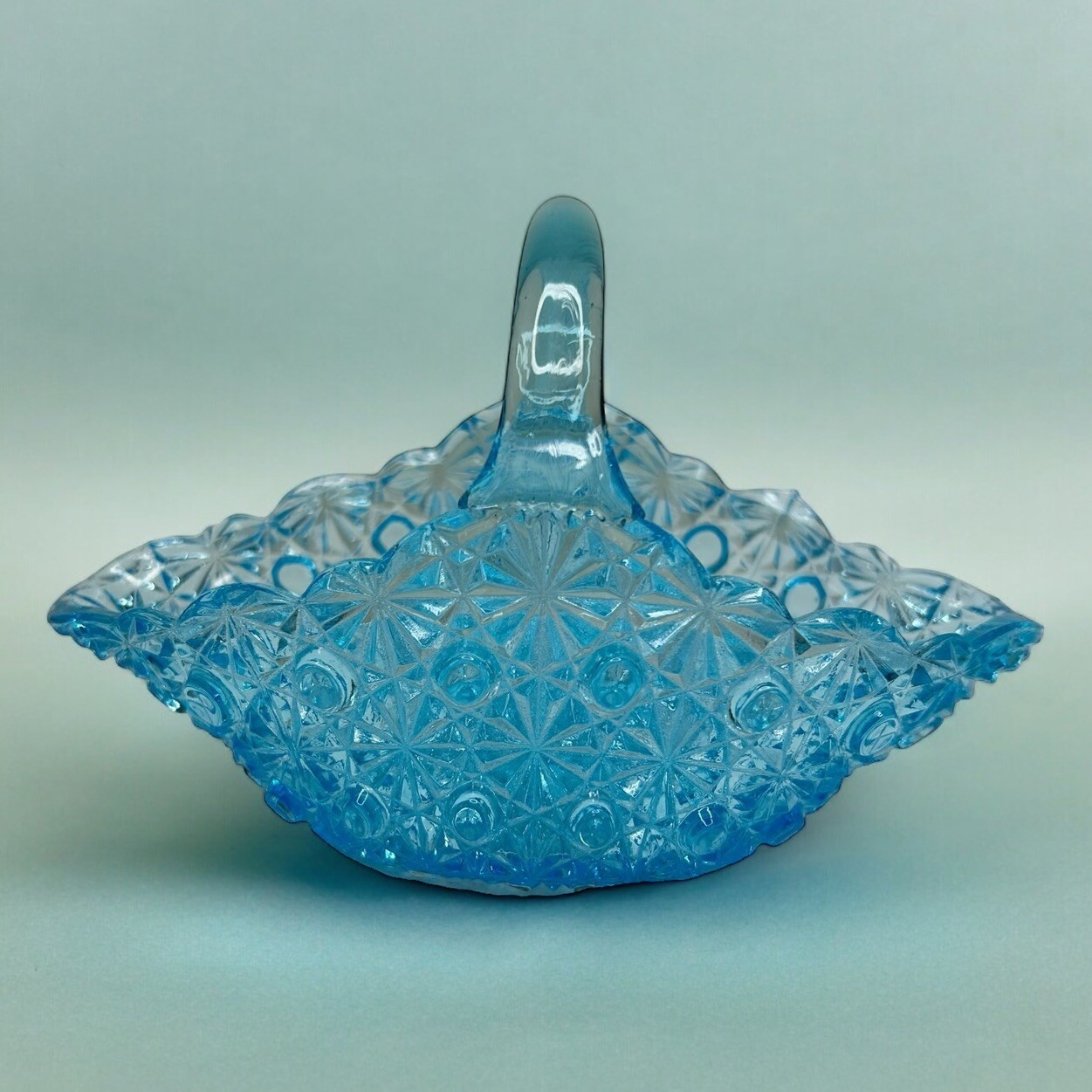Vintage Fenton Daisy & Button Blue Glass Small Basket circa 1950 s