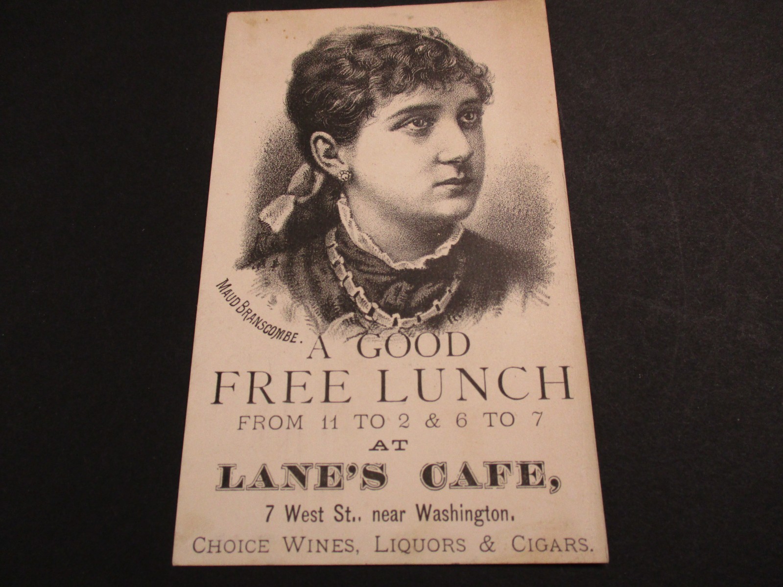 1880'S TRADE CARD ADVERTISING LANES CAFE LIQUORS & CIGARS