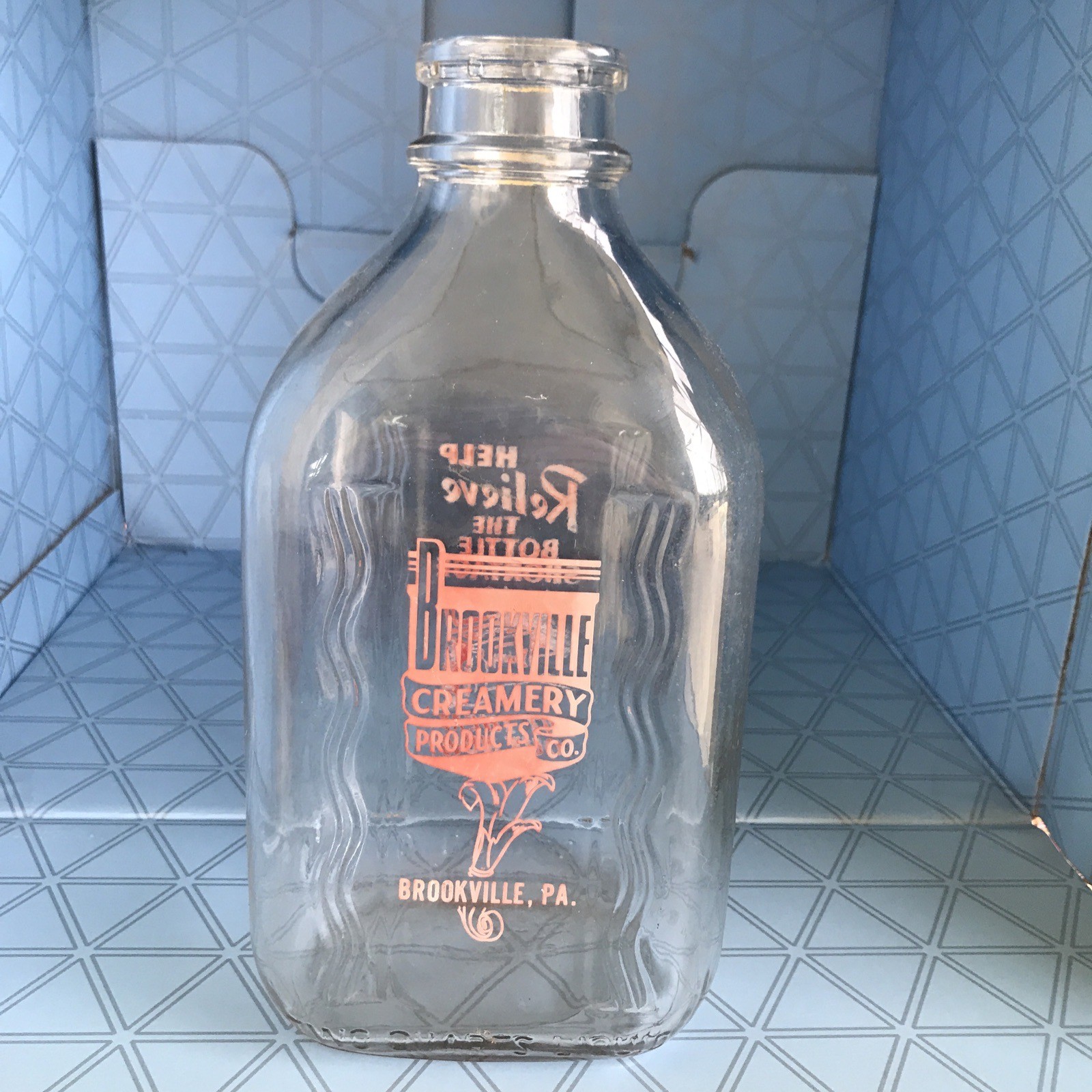 Vintage Brookville Creamery Clear Half Gallon Milk Bottle RARE “Help Relieve….