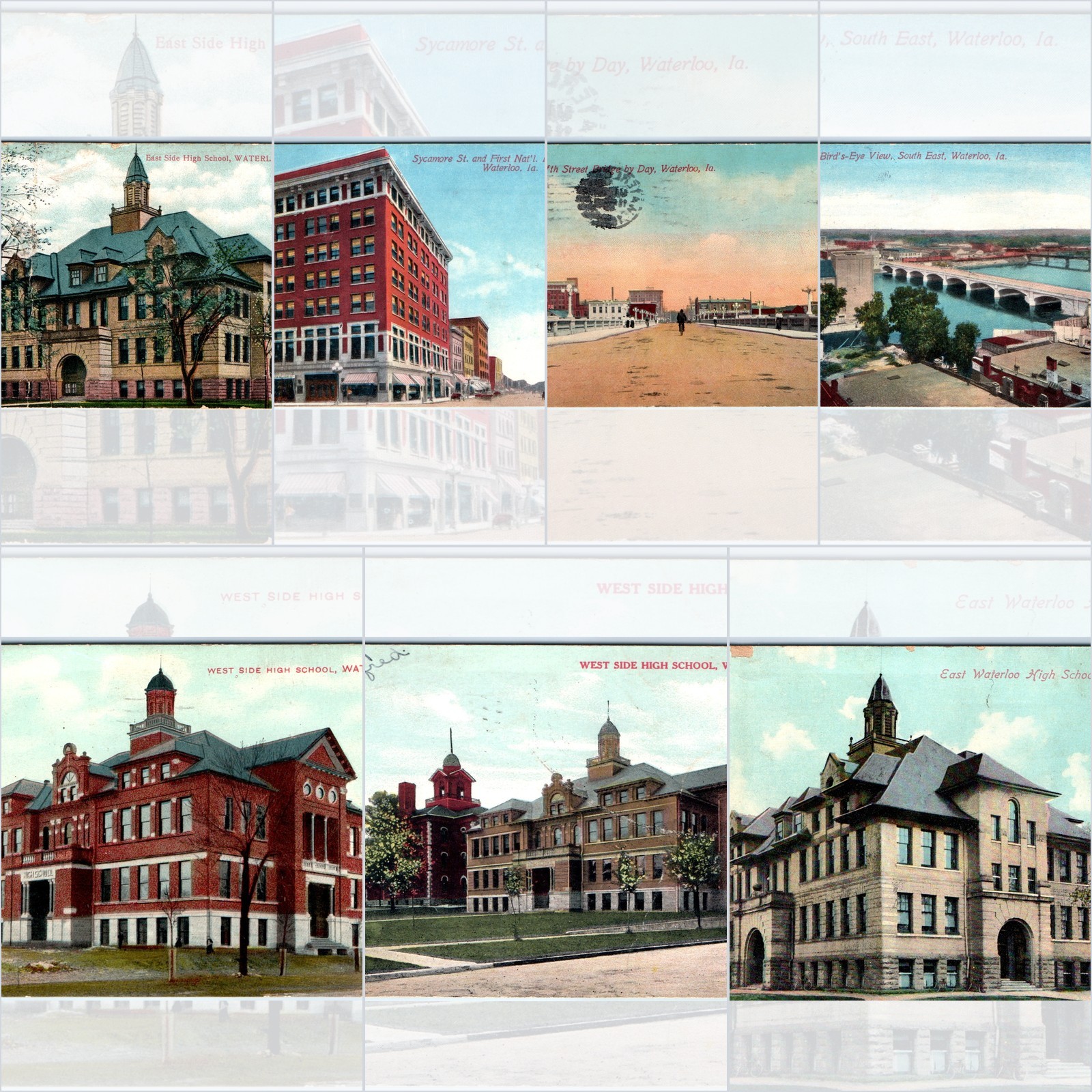 x7 LOT c1910s Waterloo, IA East West High School Sycamore St Bridge Postcards