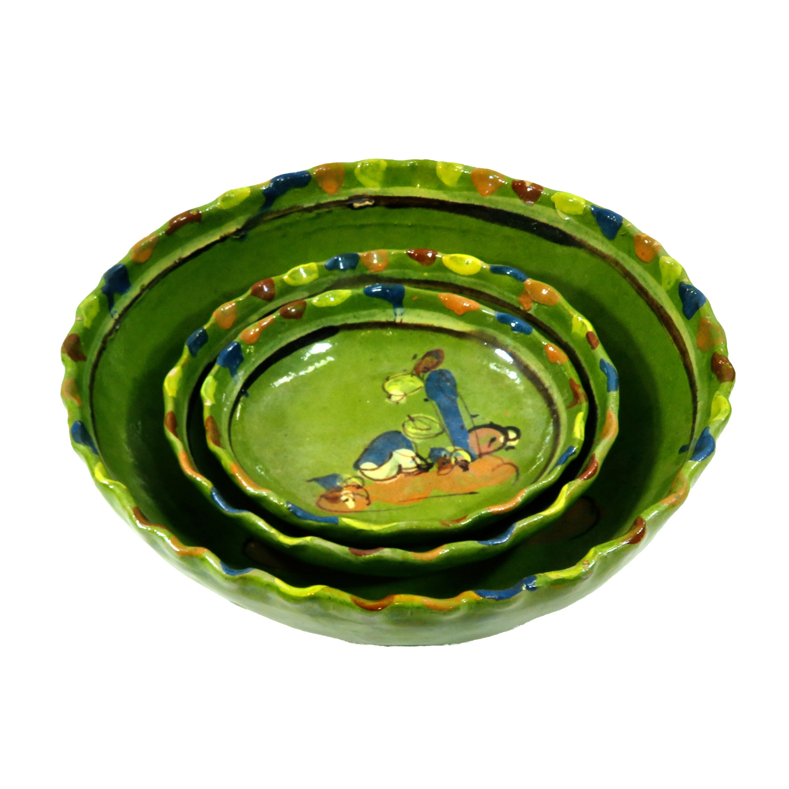 THREE (3) Vintage Tlaquepaque Mexican Folk Art Clay Pottery Nesting Bowls Set