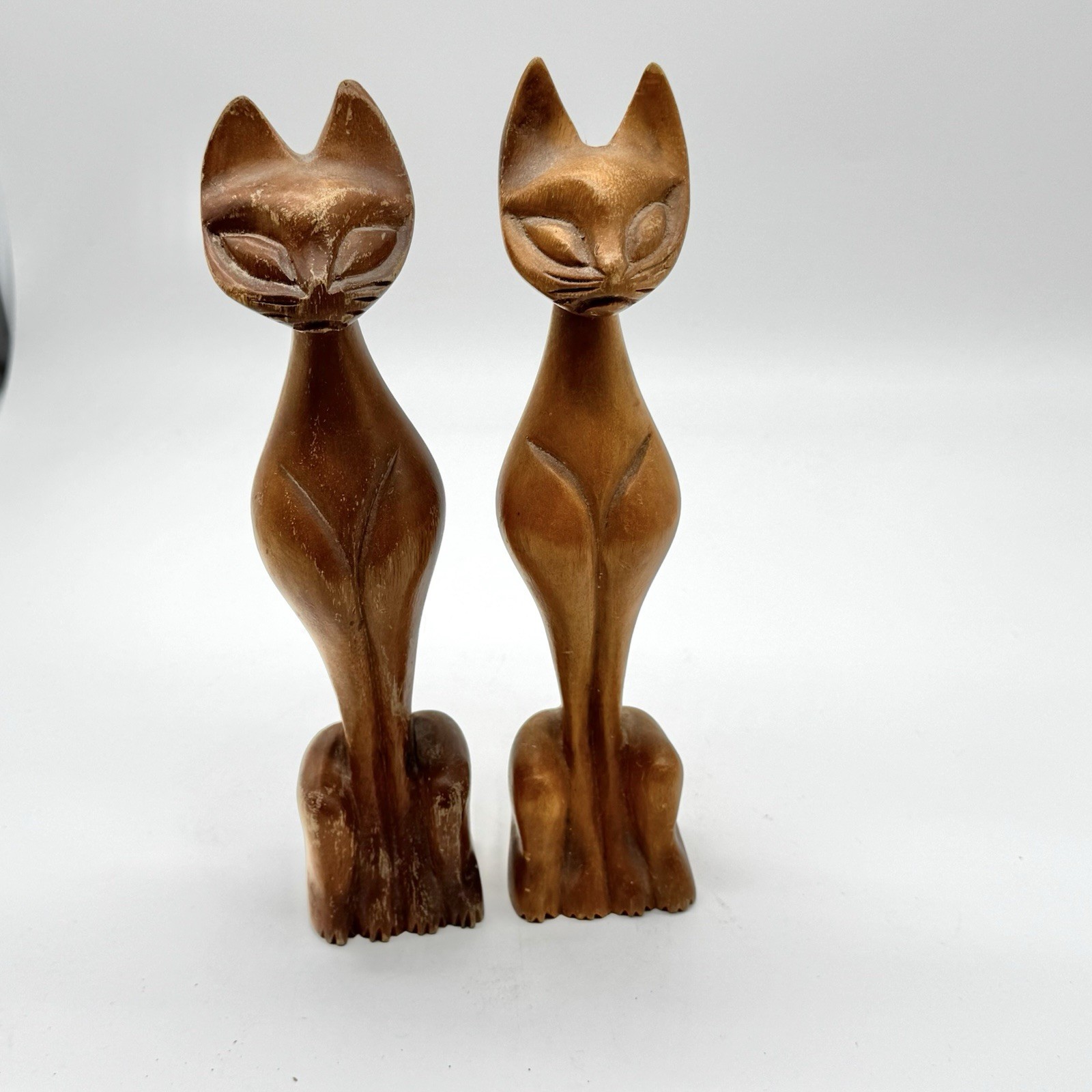 Vintage Hand Carved Wood Siamese Cat Figurines Mid Century Decor