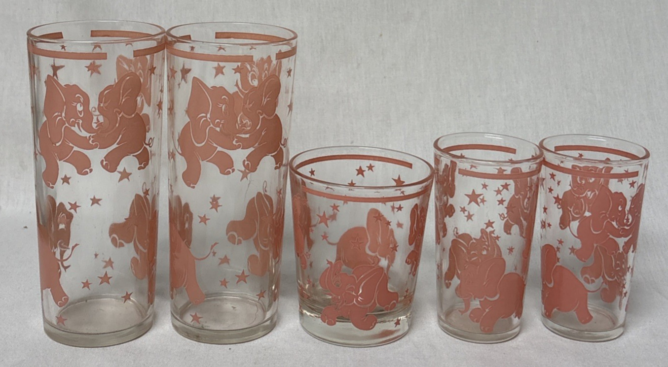5 Vintage HAZEL ATLAS Dancing Pink Elephant  Glasses Water High/Low Ball Juice