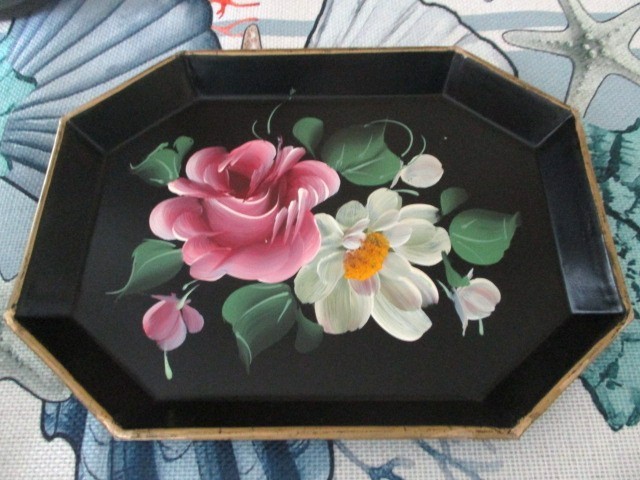 Vintage Rich Black Mid Century Hand Painted White Pink Roses Country Tole Tray