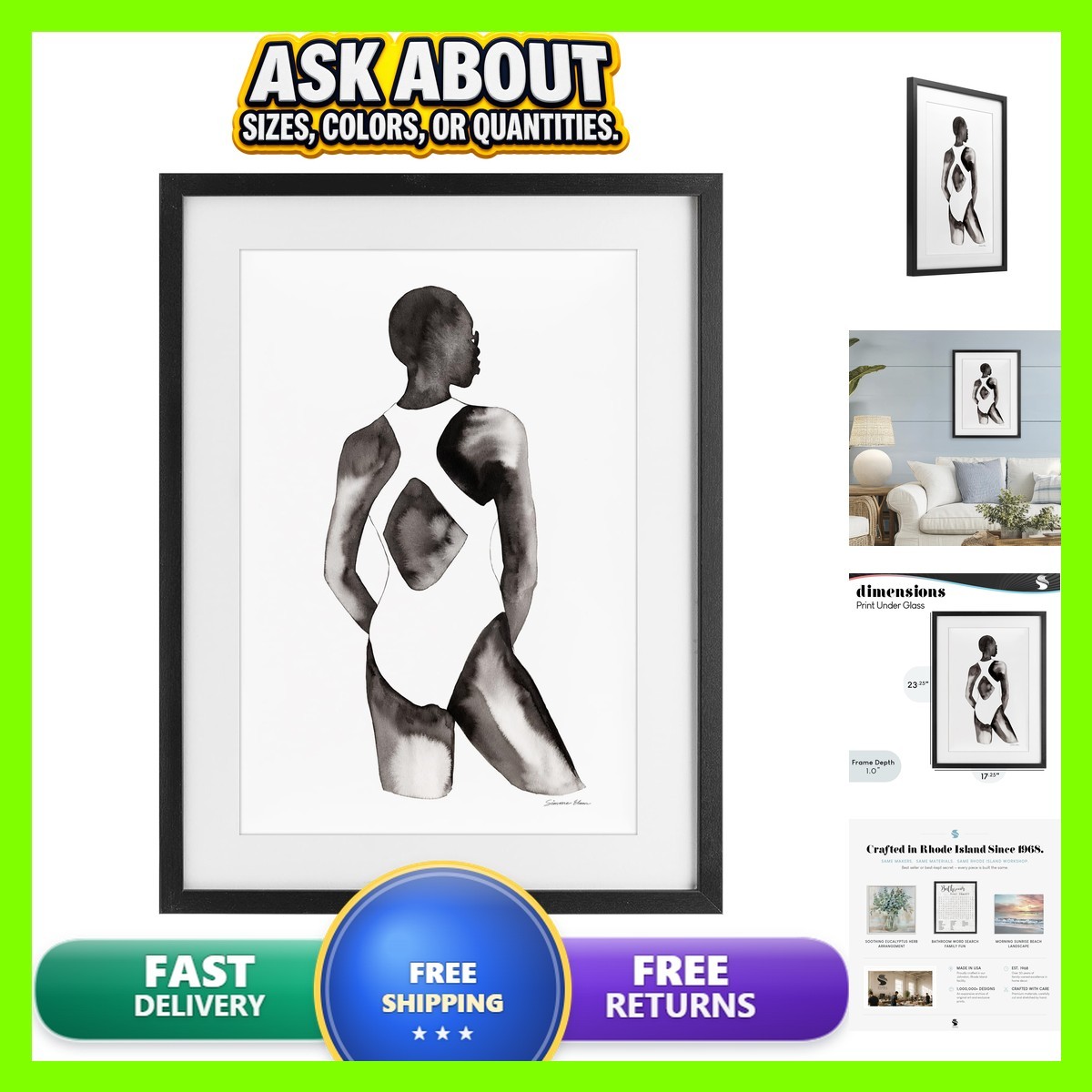 Beach Day Swimsuit Silhouette 17 x 23 Inch Framed Print Under Glass