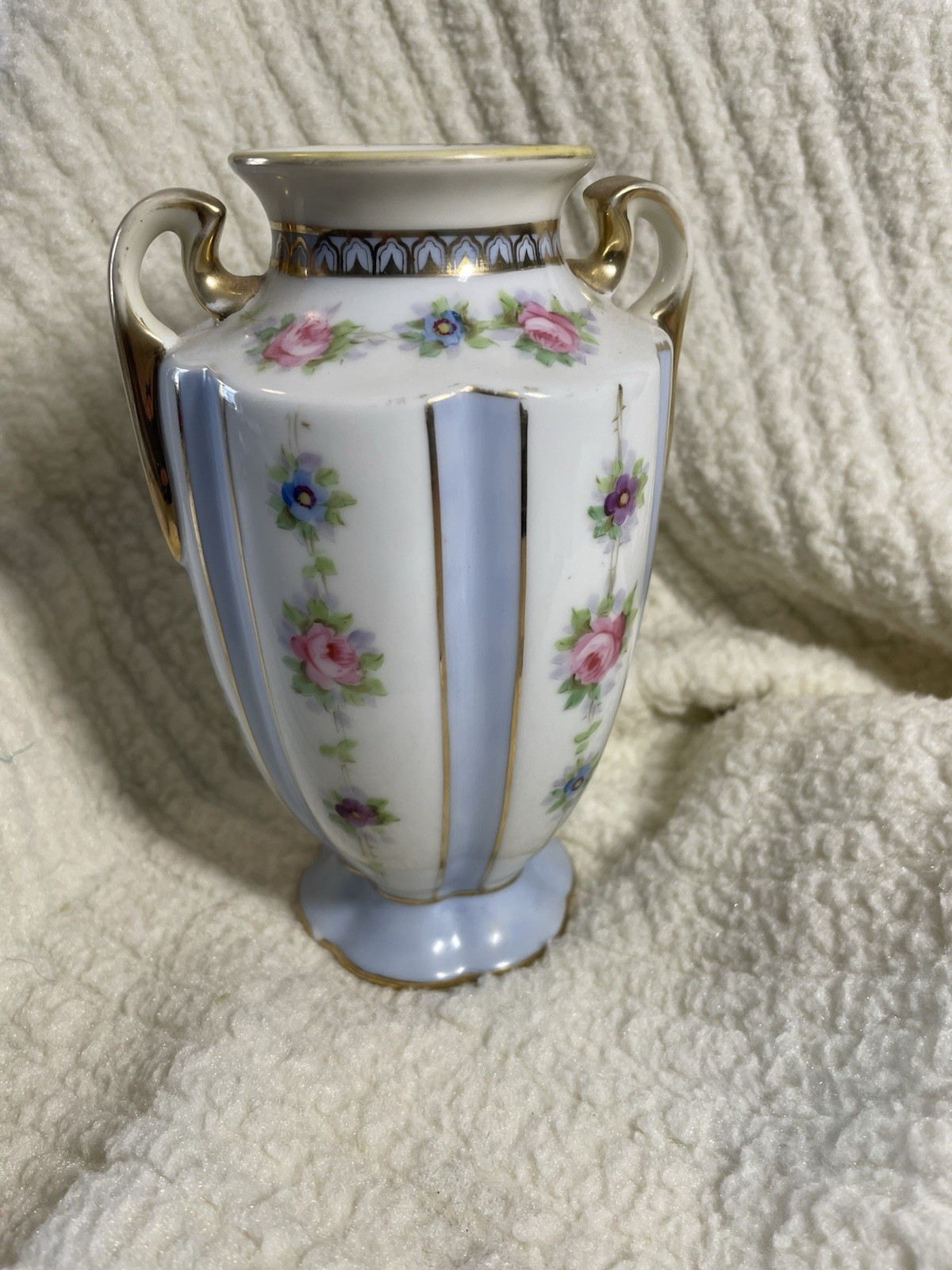 Antique Noritake M Wreath Hand Painted Floral Double Handle Vase Japan 7”