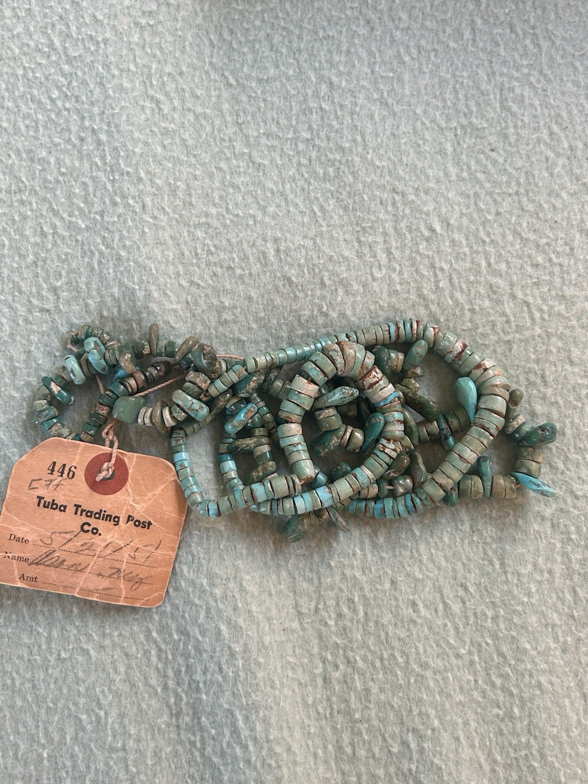 Vintage1951Navajo Turquoise Bead Necklace Tuba TradingPostPawn Tag Signed Arlis