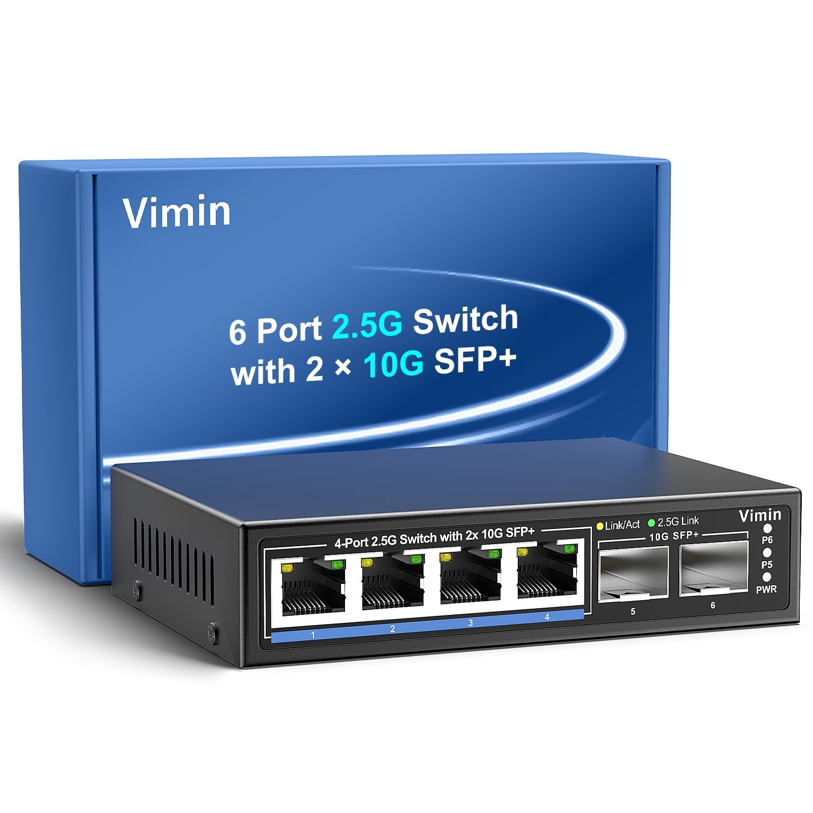 6 Port 2.5G Unmanaged Network Switch, VIMIN 4X 2.5Gbase-T Ports, 2X 10G SFP+ ...