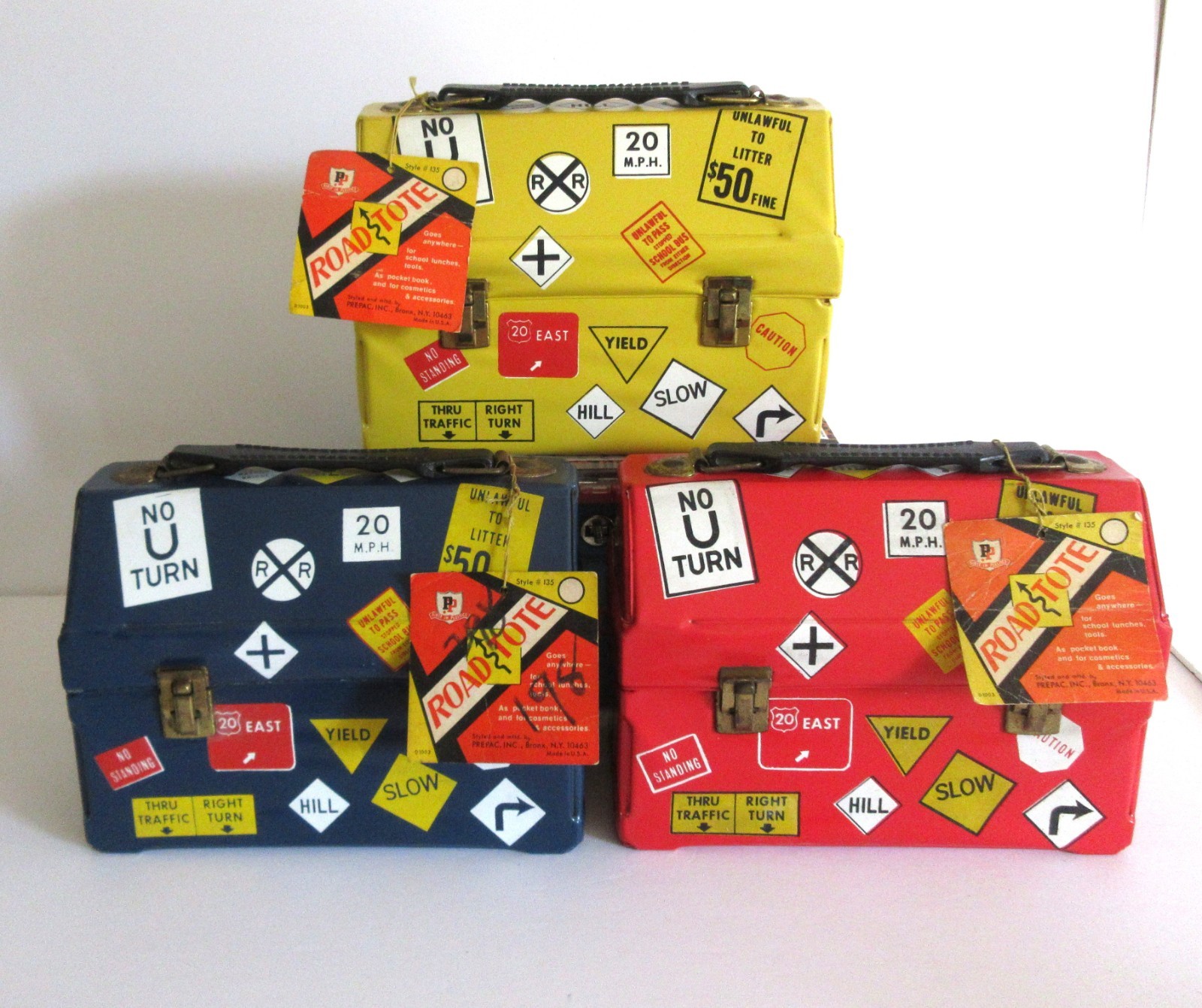 1960 Vintage Rare R9 Road Tote Vinyl Dome Lunchbox set of all 3 issued Tags 