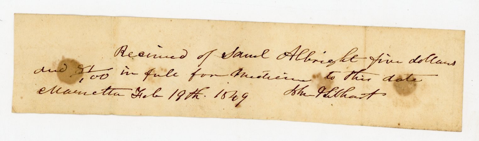 1849 Handwritten Medicine Receipt Samuel Albright signed John Gilbert Lancaster 1849 Handwritten Medicine Receipt Samuel Albright signed John Gilbert Lancaster