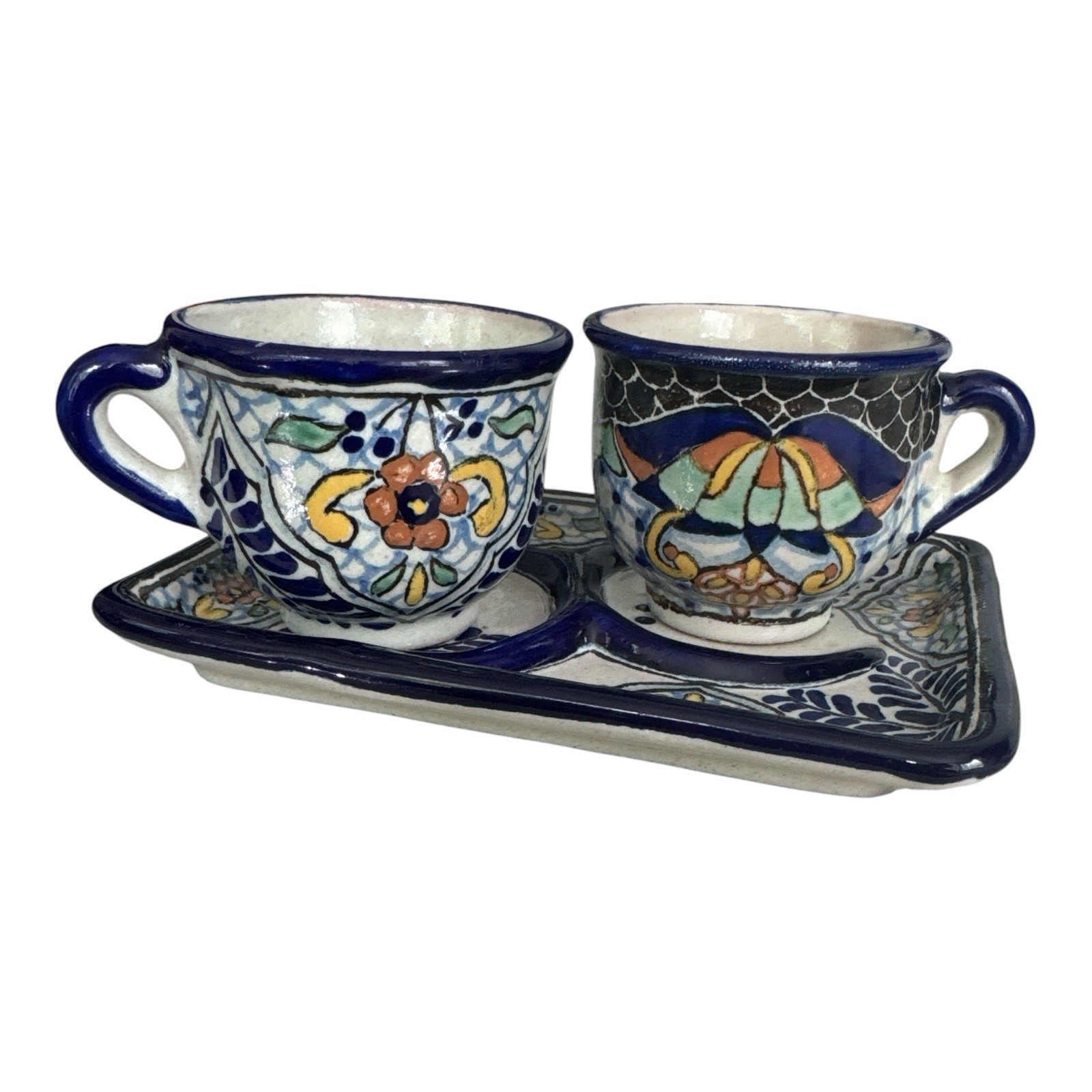 Uriarte Talavera Puebla Mexico Espresso Tequila Set 3 Pc Tray Cups Signed DO4