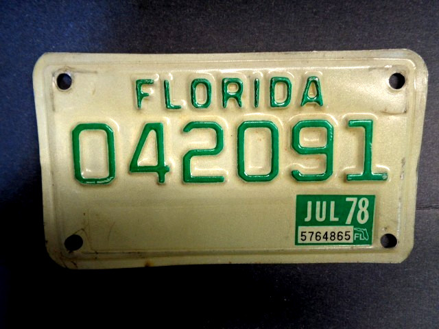 1978 Florida Motorcycle License Plate Number 042091  Harley, Honda, BMW,