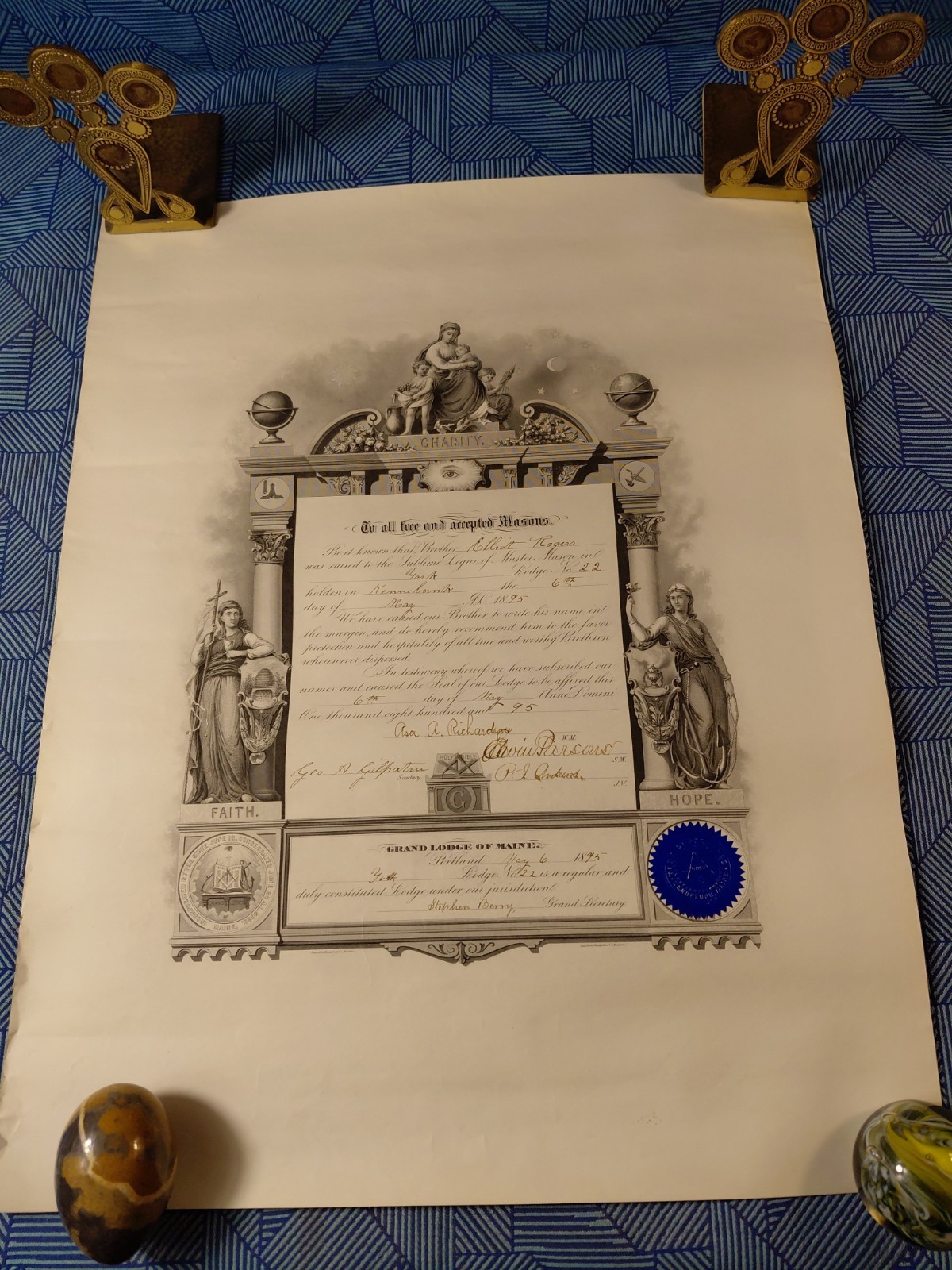 1895 Masonic Master Mason Certificate York Lodge No 22 Kennebunk Maine